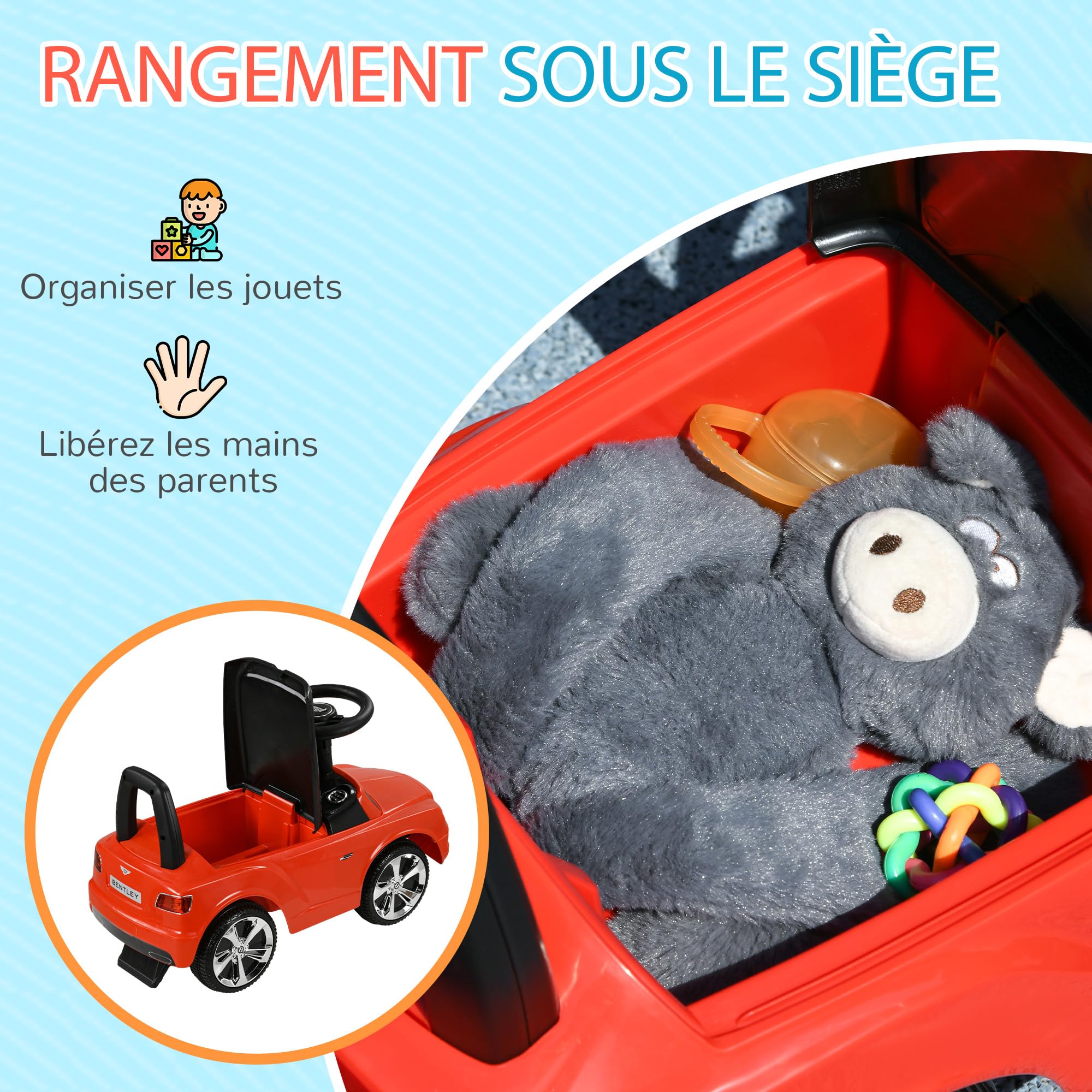 Porteur Auto Pour Enfant Dès 12 Mois, Volant Audio, Compartiment De Rangement Sous Le Siège (Blanc