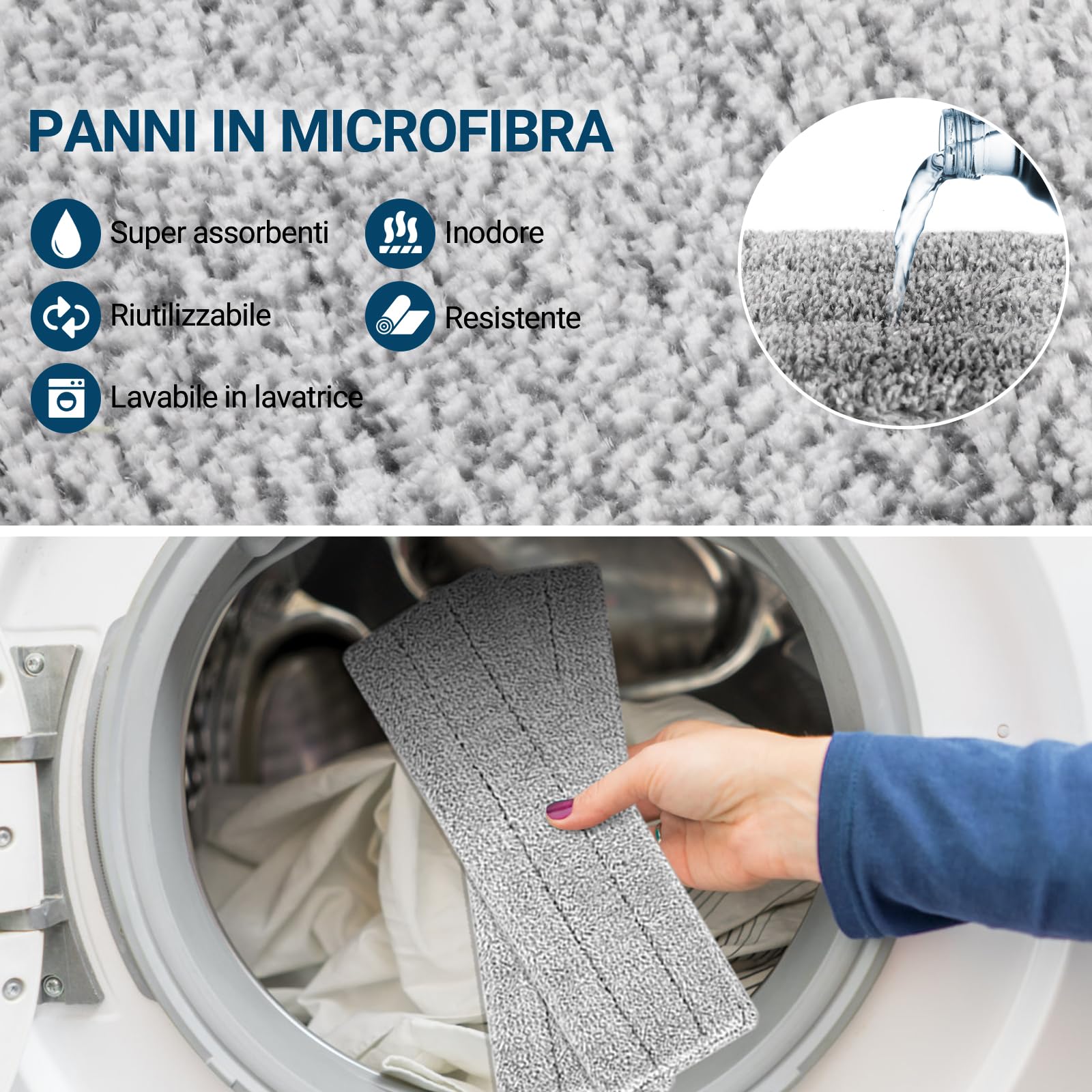 MASTERTOP Mocio Lavapavimenti e Secchio Strizzatore, Mocio Piatto Rotante e Piccolo Secchio Autolavaggio, Mop a Mani Libere in Microfibra, con 3 Tamponi Riutilizzabili (Blu Chiaro)
