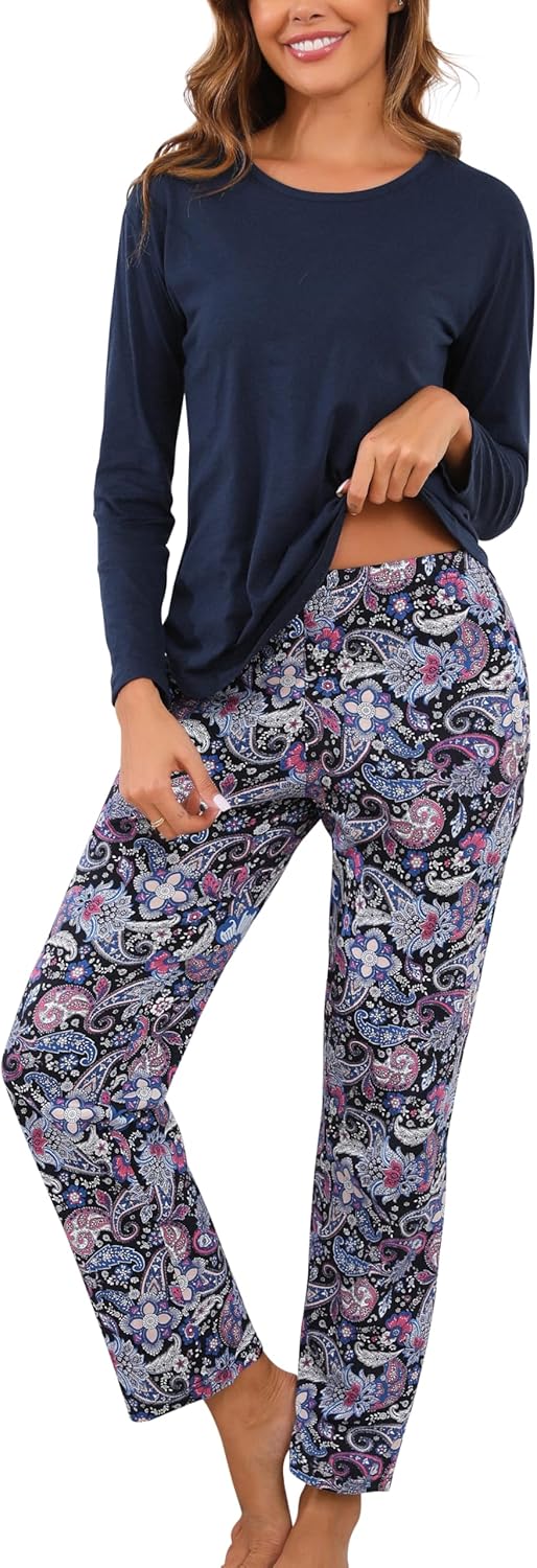 PNAEONG Women’s Cotton Long-Sleeve Tops and Full-Length Pajama Set Two-Piece Pjs with Pockets SY008 PNAEONG Women’s Cotton Long-Sleeve Tops and Full-Length Pajama Set Two-Piece Pjs with Pockets SY008