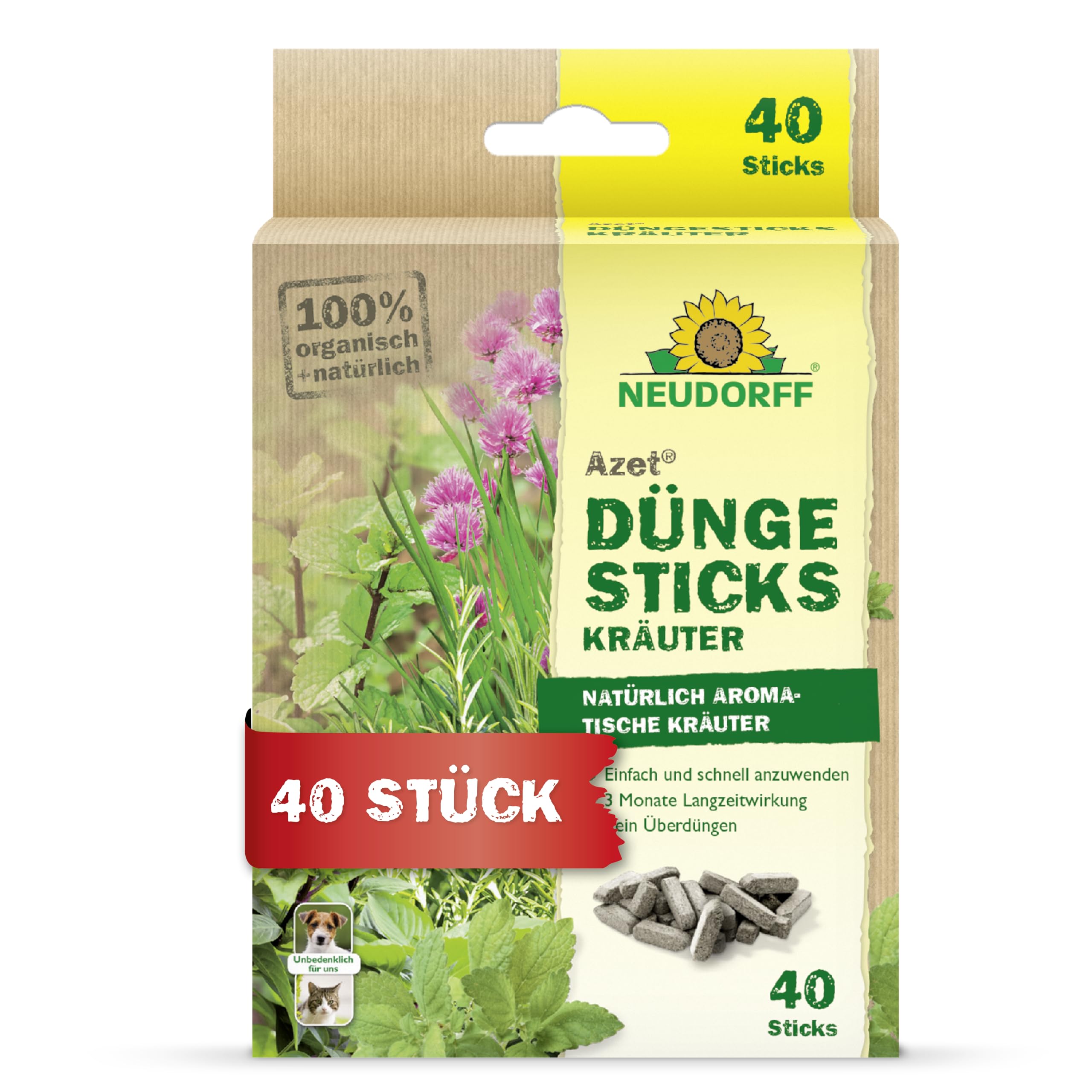 Neudorff Azet DüngeSticks für Kräuter – Bio Kräuterdünger sorgt für kräftiges Wachstum und aromatische Kräuter mit 2 Monaten Langzeitwirkung, 40 Stück