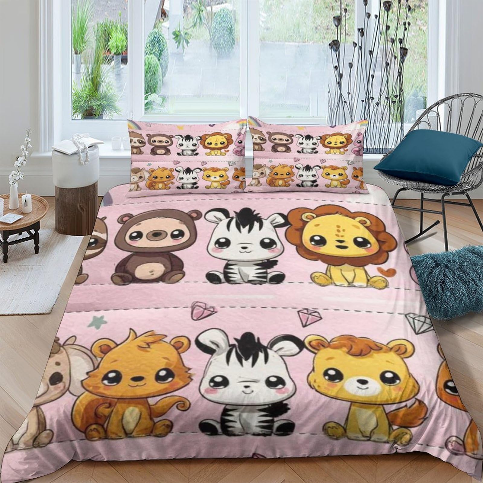 3D Printed Cartoon Animal Duvet Cover Pink Microfiber Soft Breathable Jungle Lion Monkey Bedding Set with 2 Pillowcases for Bedroom Single（135x200cm）