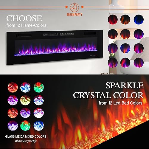 Miniatura 3 de GREEN PARTY Chimenea eléctrica de 72 pulgadas, empotradamontada en la pared, ultrafina, calentador de chimenea lineal de bajo ruido con control