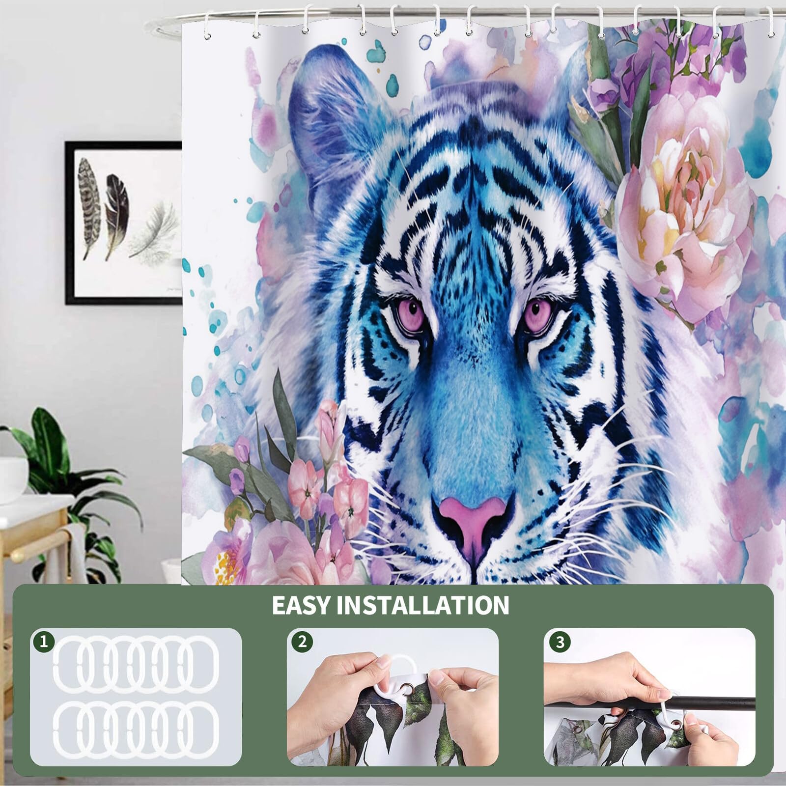 Rideau De Douche Tigre des Fleurs Animaux À L'Aquarelle Tissu Imperméable Lavable avec Crochets Anti Moisissure en Polyester Rideau Douche pour Salle De Bain