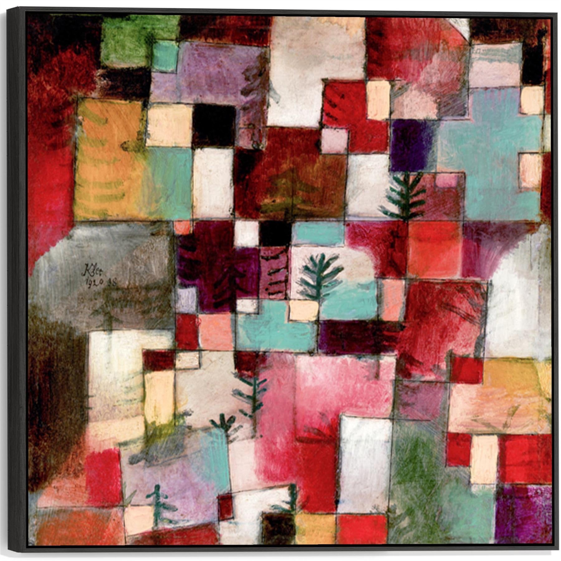 Wallfillers Large Colourful Abstract Framed Prints on Canvas by Paul Klee - Red Green Violet Rhythms (100cm x 100cm)