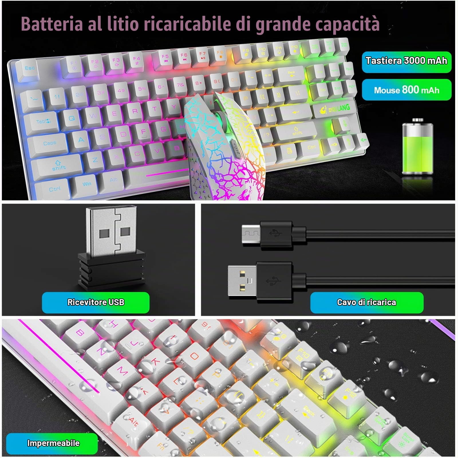 Combinazione mouse e tastiera da gioco wireless, 87 tasti arcobaleno retroilluminazione a LED batteria ricaricabile da 3800 mAh sensazione meccanica mouse muto impermeabile RGB (White)
