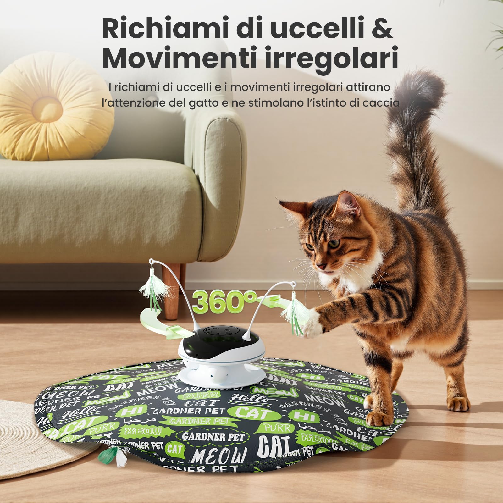 Gardner Pet Giocattolo per Gatti, 5 in 1 Elettrico Interattivo Automatico per Gatti, Gioco con Nascondino, Giocattolo con Piume, Laser, Palline e Suoni di Uccelli, Ricarica USB, Verde