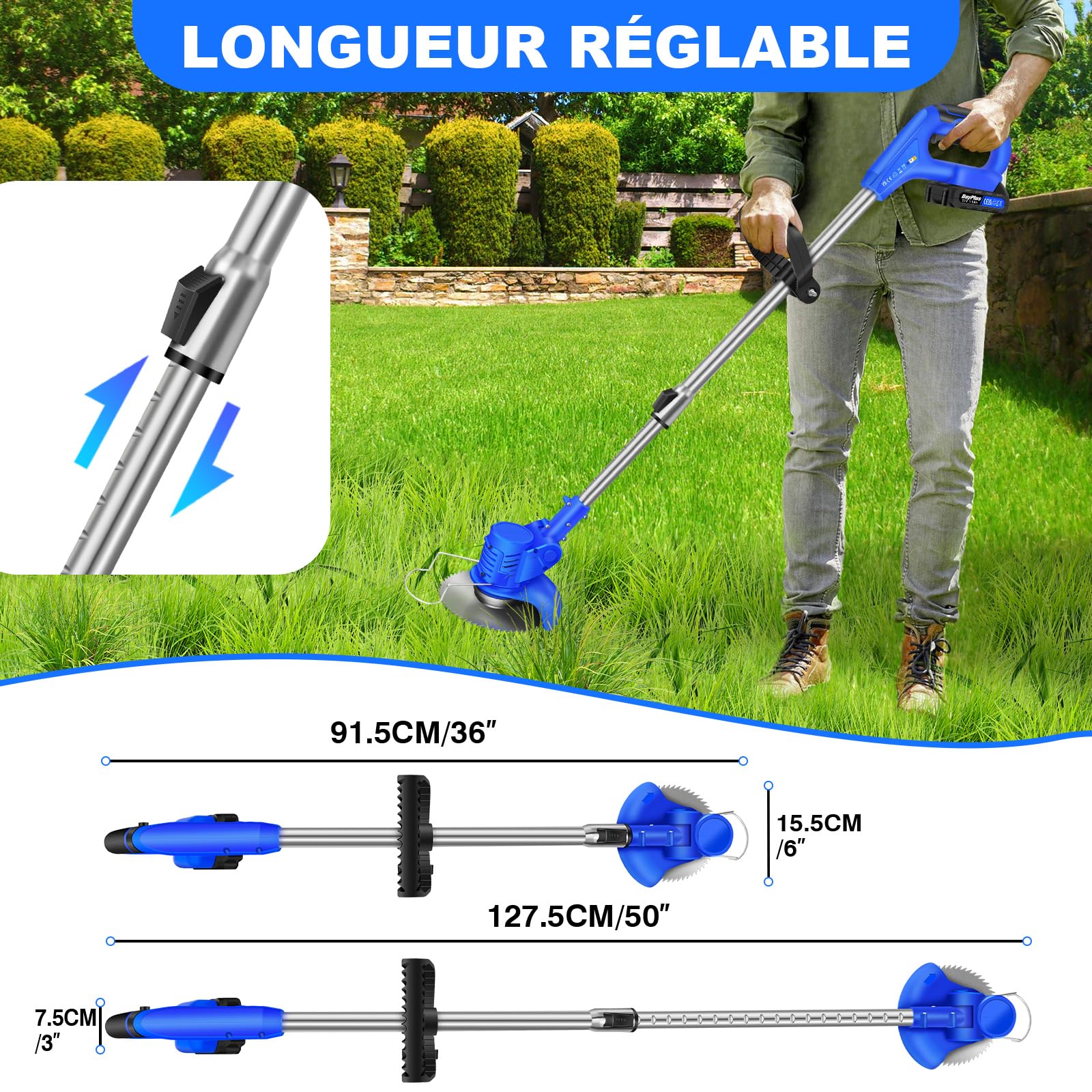 Débroussailleuse sans Fil pour Le Jardin - Débroussailleuse électrique avec 10 Lames en métal, 2 Batteries 21V 1500mAh et Chargeur Rapide pour la pelouse et Le Jardin Bleu (2 Piles)