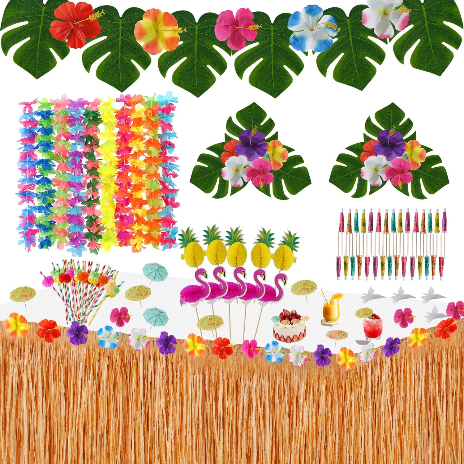 Hawaiian Luau Party Decorations Set - Tropical Grass Table Skirt With Palm Leaves and Flowers for Beach Summer BBQ Tikki Bar Theme Party