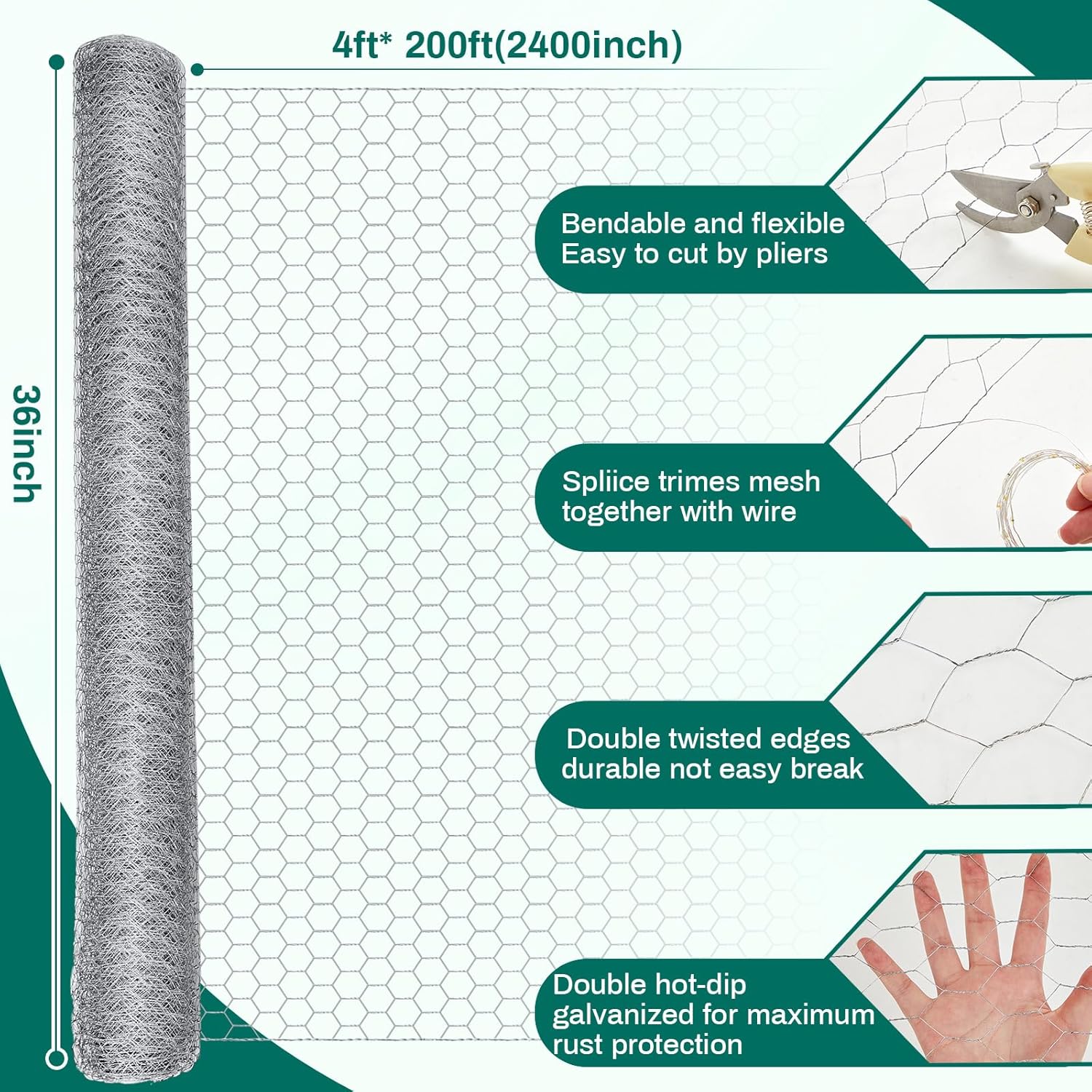 36 in x 200 ft Chicken Wire Fencing Metal Floral Chicken Wire Mesh for Crafts Poultry Garden, 1 Inch Hexagonal Galvanized Hardware Cloth Netting for Poultry Coop Barrier Rabbit Cage(Silver)