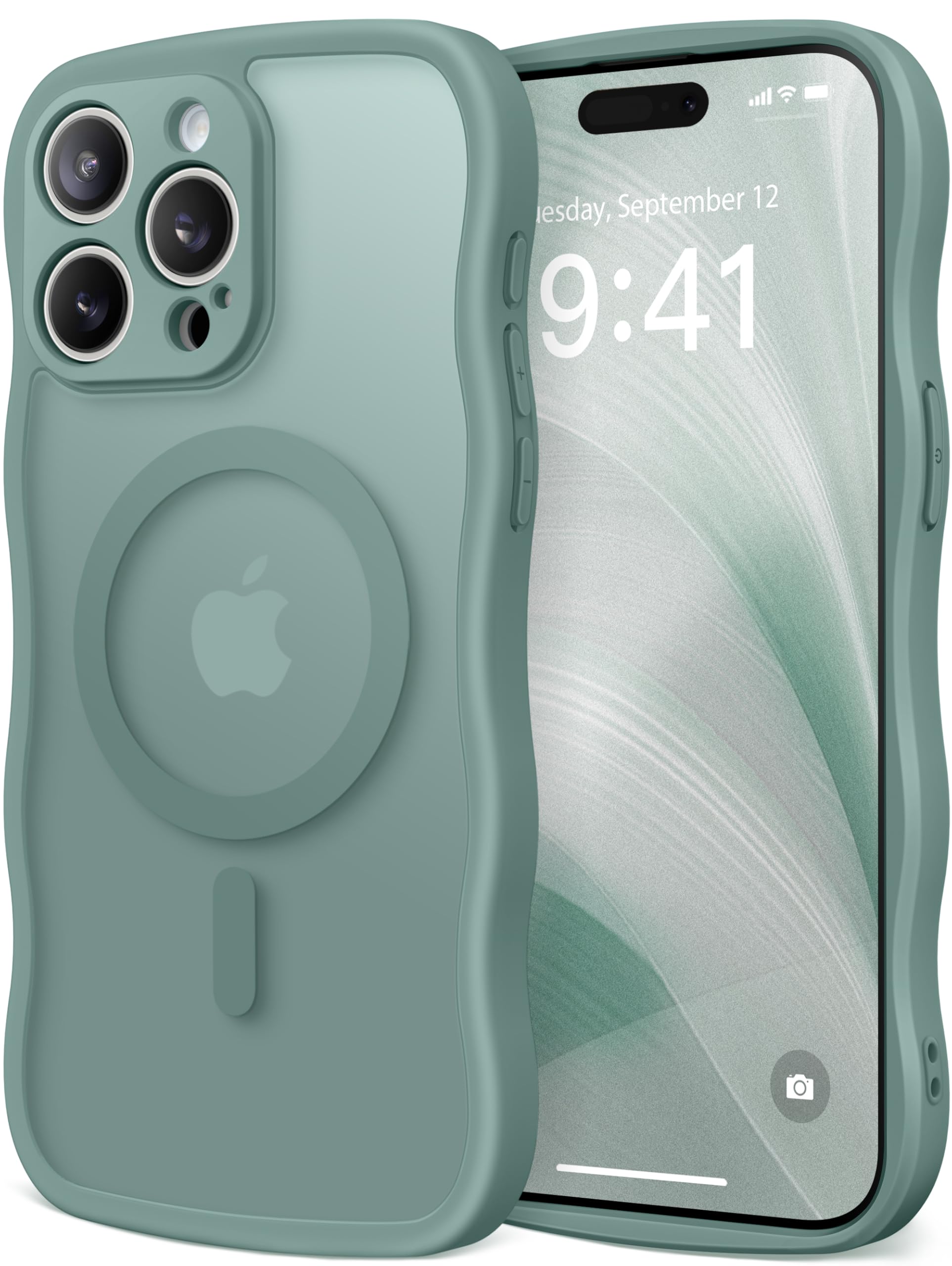 CAPRARO Cute for iPhone 15 Pro Max Case, Compatible with MagSafe, [Curly Wave Edge] [Full Camera Protection] [14 FT Drop Protection] Magnetic Phone Case for 15 Pro Max 6.7 Inch, Midnight Green