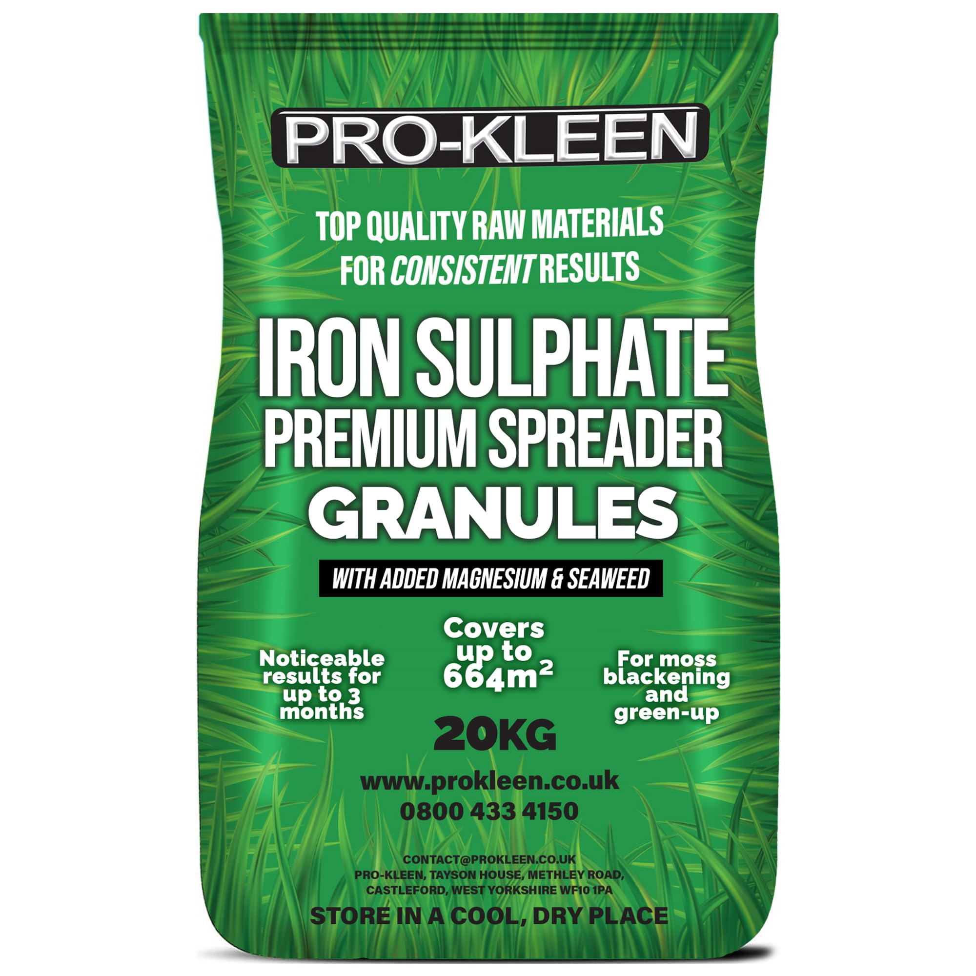 Pro-Kleen Iron Sulphate Spreader Granules - Covers up to 664m2 - For Grass Green Up - Ferrous Sulphate Dry Granules- Smaller Particles for an Even Coverage (20kg)