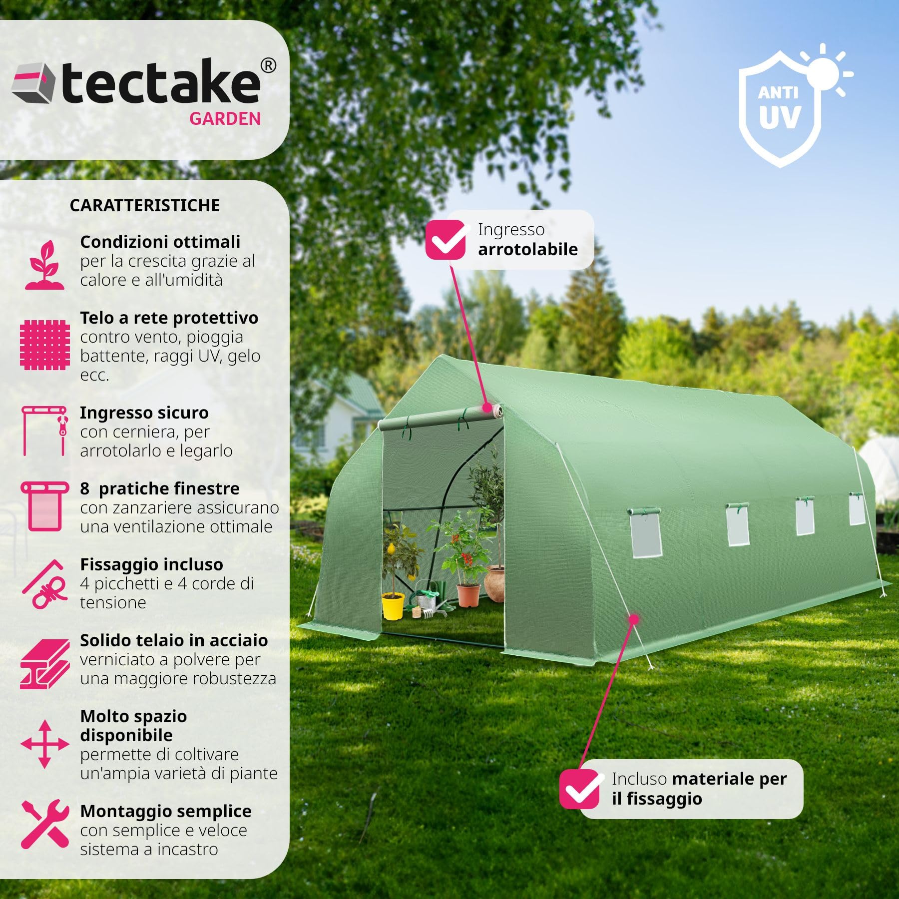 tectake® Serra da Giardino in Acciaio e PVC, 600x300x205cm, 18 m² di Superficie Utile, 8 Finestre Laterali con Zanzariera, Serra Ideale per Verdure, Erbe, Frutta, Fiori, Resistente al Freddo e al Gelo