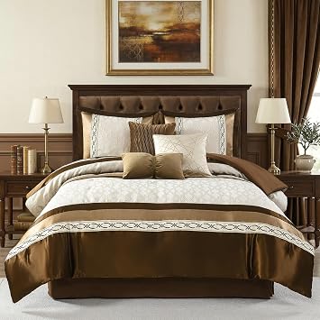 7-Piece King Comforter Set Bed in a Bag, Luxury Brown Patchwork Jacquard Design, Modern Reversible All-Season Bedding, Soft Faux Silk Fluffy Thick Comforter 104"x90"