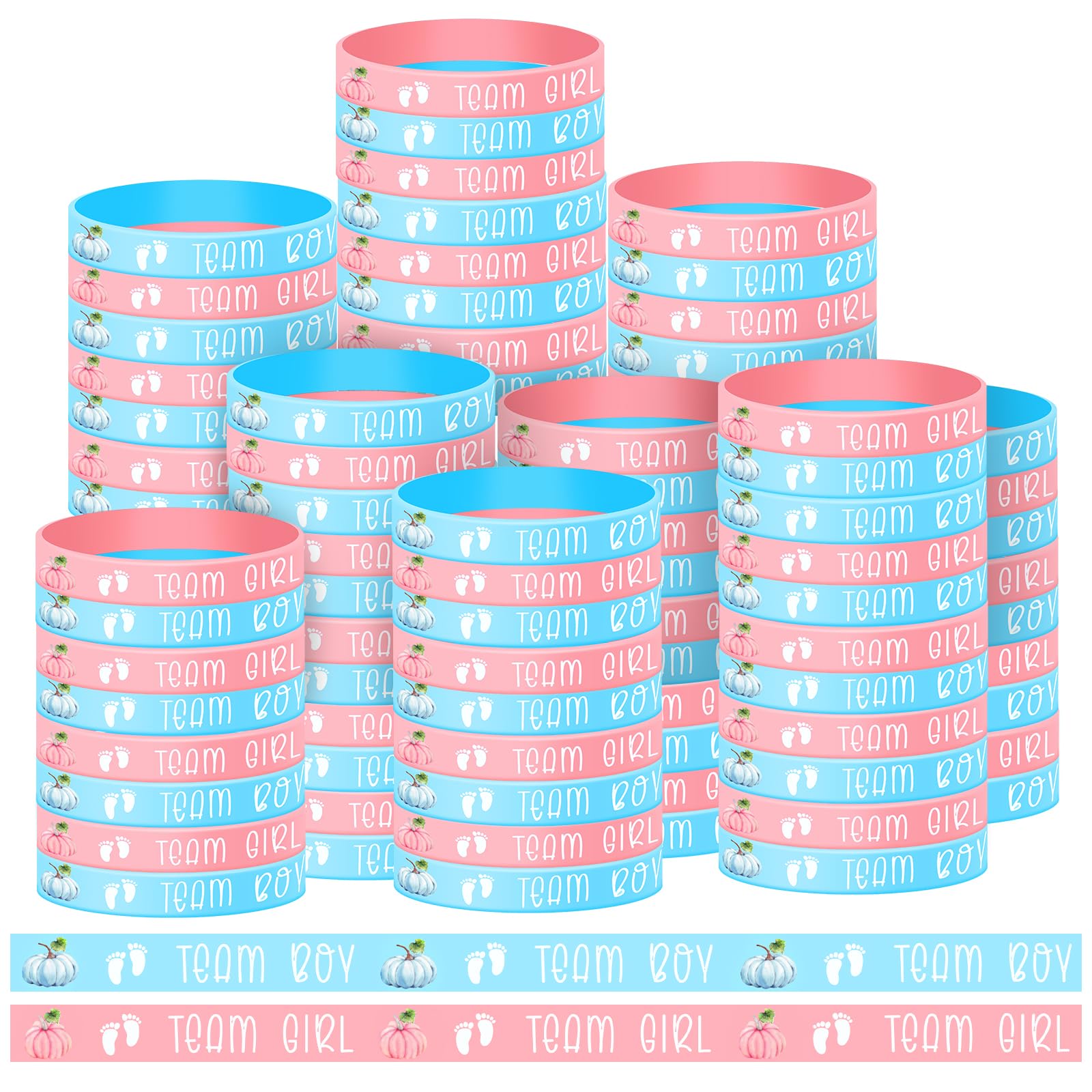 Photo 1 of 96 Pieces Pumpkin Gender Reveal Bracelets Pumpkin Gender Reveal Silicone Wristbands with Team Boy Team Girl for Baby Shower Party Gender Reveal Party Favor Supplies