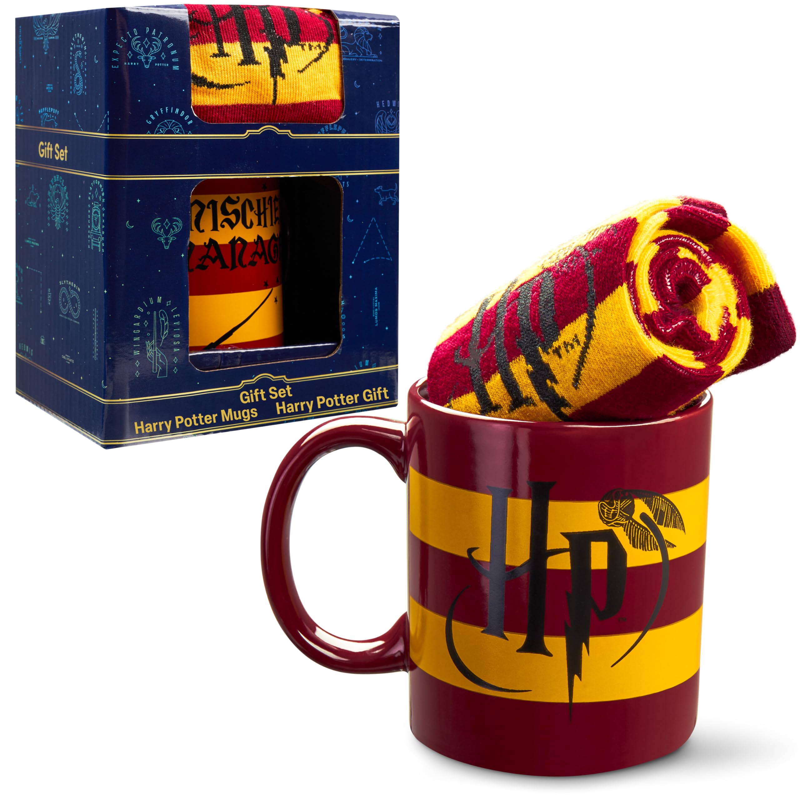 Harry Potter Tasse & Socken Damen Teenager Geschenkset, Keramik Kaffeebecher, Kuschelsocken Größe 35–41, Hogwarts Design, Geschenke für Frauen & Fans (Gelb, 35/41 EU)