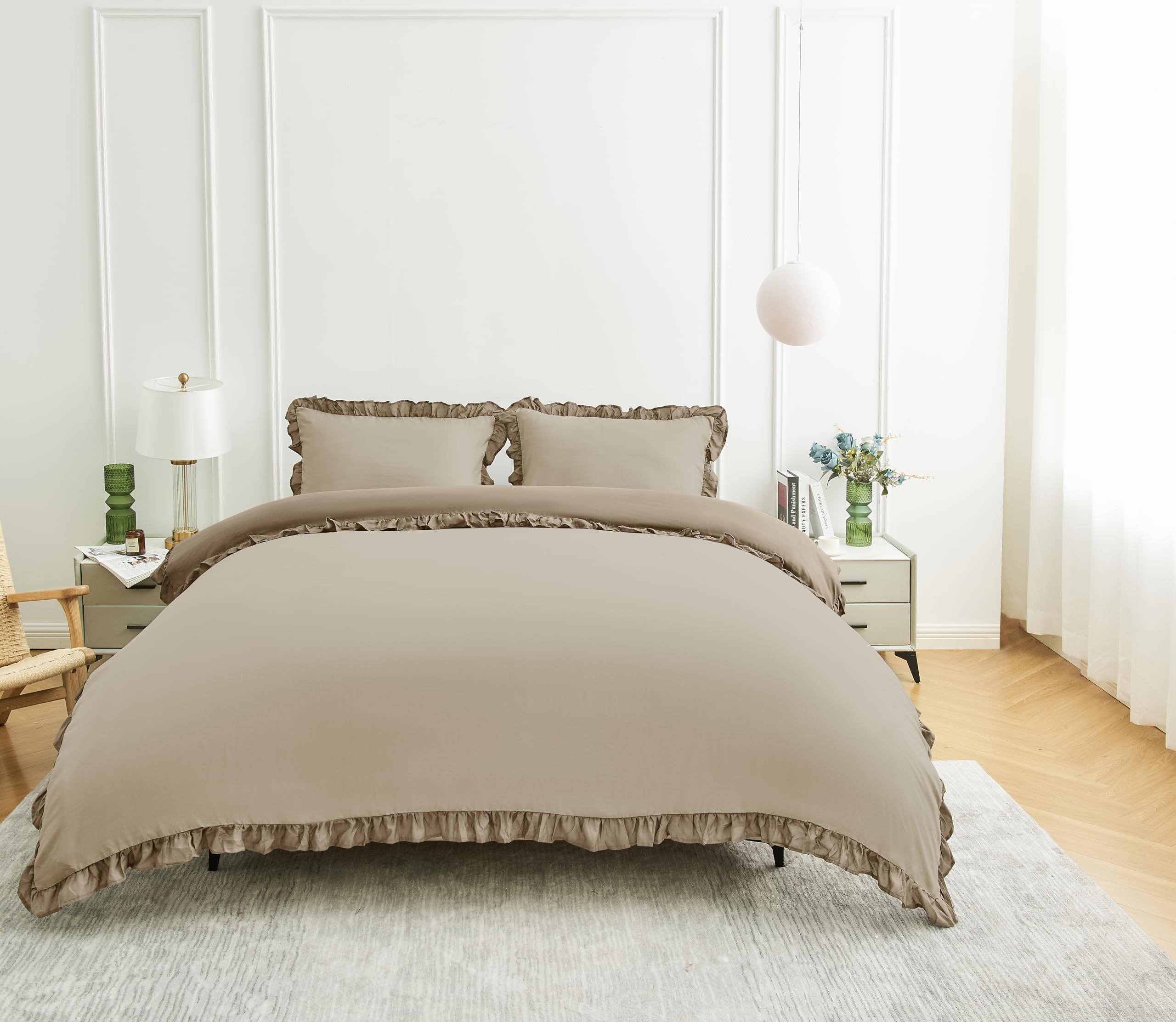 GC GAVENO CAVAILIA Ruffles Duvet Cover Double With Pillow Cases | Reversible Plain Bedding Double Duvet Cover Set | Breathable & Lightweight Frill Quilt Cover Bed Set 200x200 Cm, Natural/Dark Natural