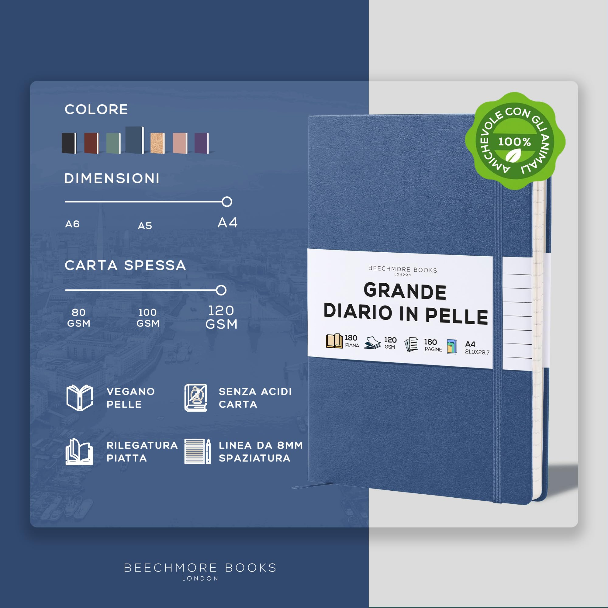 Beechmore Books Taccuino a Righe A4 Blu Navy Diario XL Copertina Rigida Pelle Vegana Carta 120g/m²