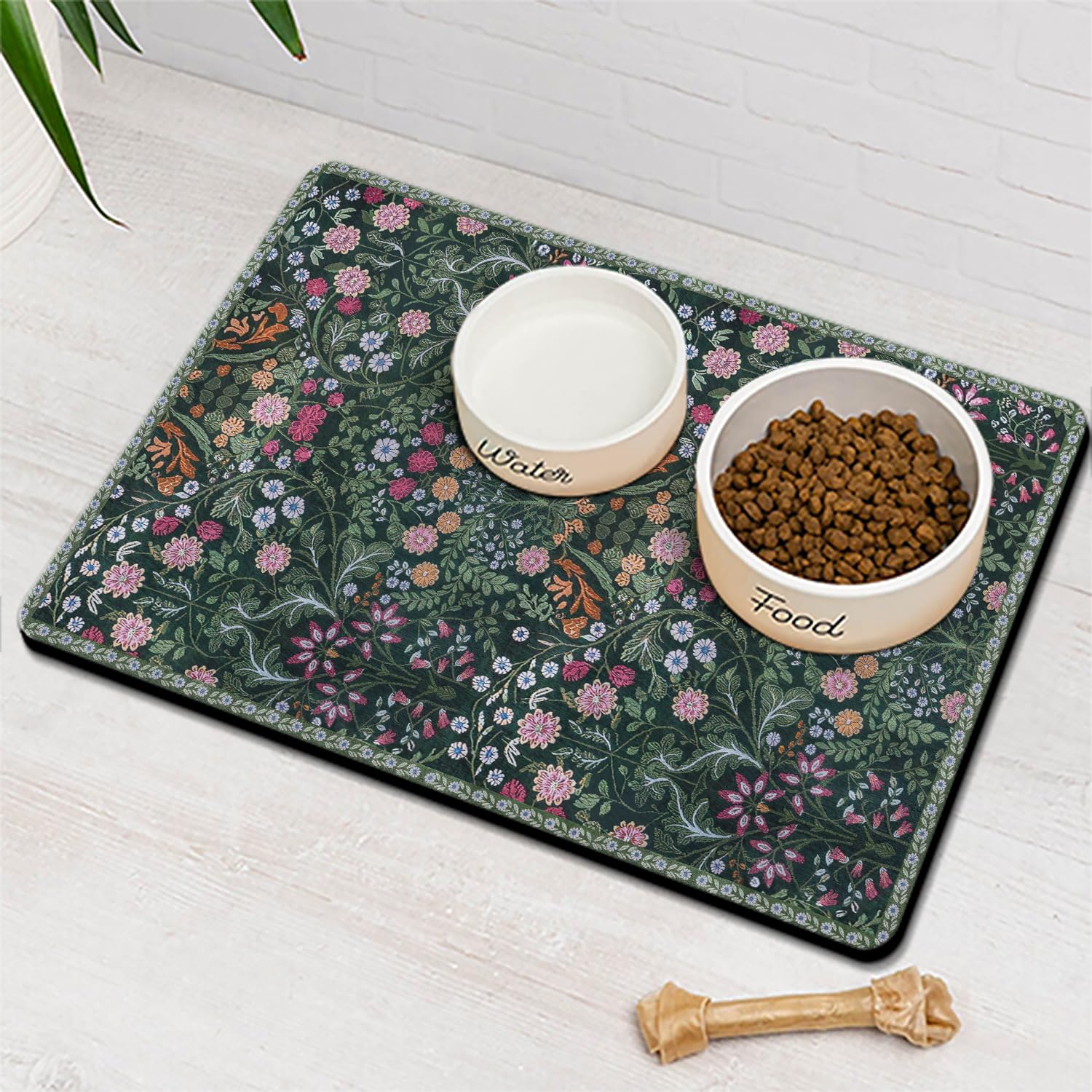 Floral Dog Food & Water Mat, Boho Vintage Pet Feeding Mat for Floor Non-Slip Waterproof, Super Absorbent Cat Bowl Mat, Easy to Clean Durable Pet Placemat,12" × 20"