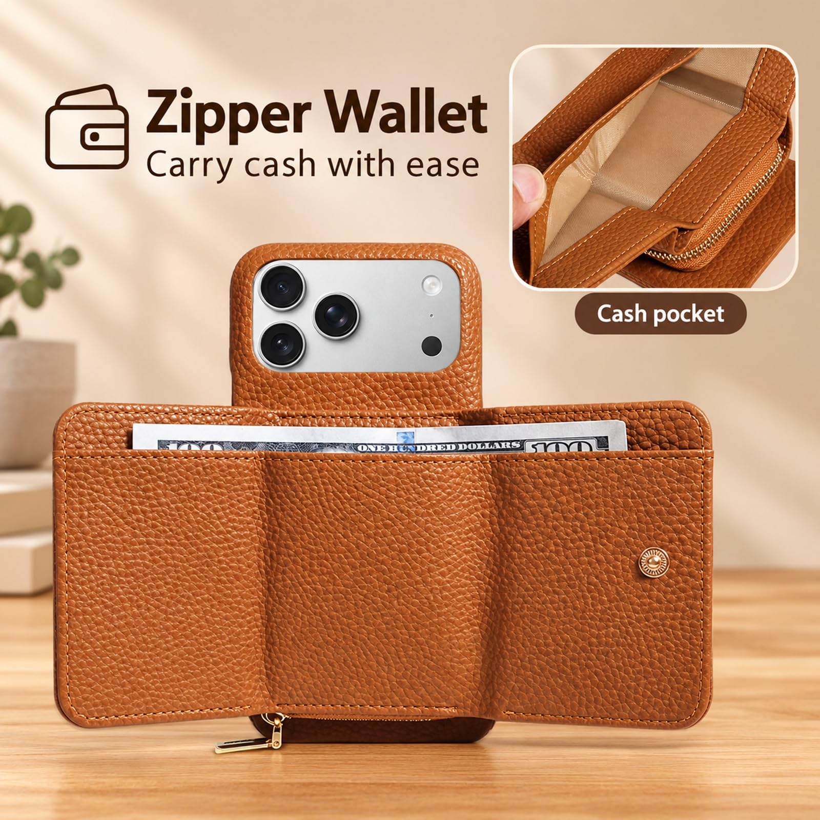Coque Portefeuille pour iPhone 16 Pro Max, Porte-Cartes Zippé - Crème