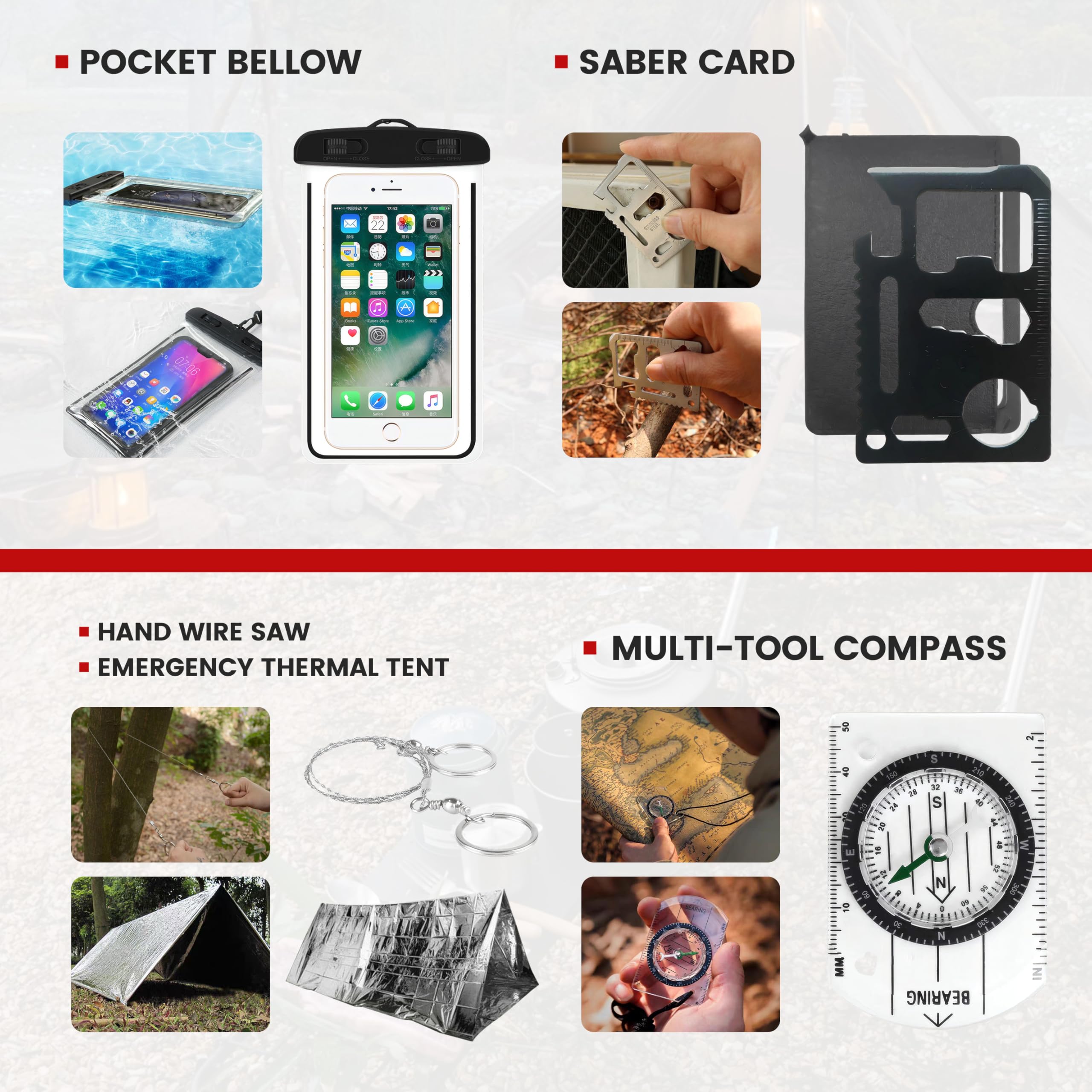 EIN Survival kit mit Emergency kit，206-teiliges überlebensausrüstung notfallrucksack，Kompass Militärschaufel Camping Light Regenmantel Zelt，Outdoor-Camping-Abenteuer-Wandergeschenke für Herren