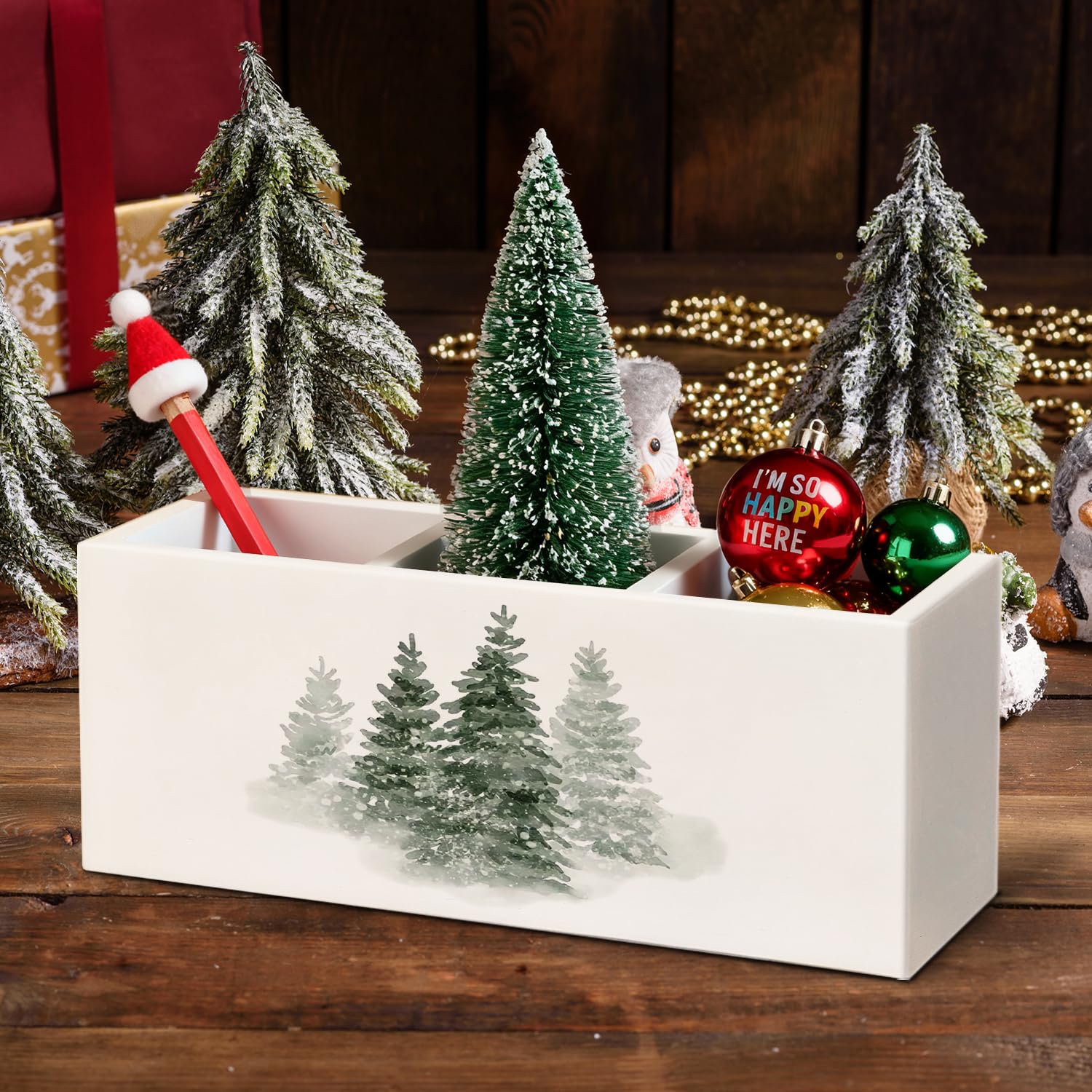 Portapenne organizer per scrivania, albero di Natale, foresta invernale, albero di pino paesaggio, decorazioni natalizie, decorazione per ufficio per casa, camera da letto, soggiorno