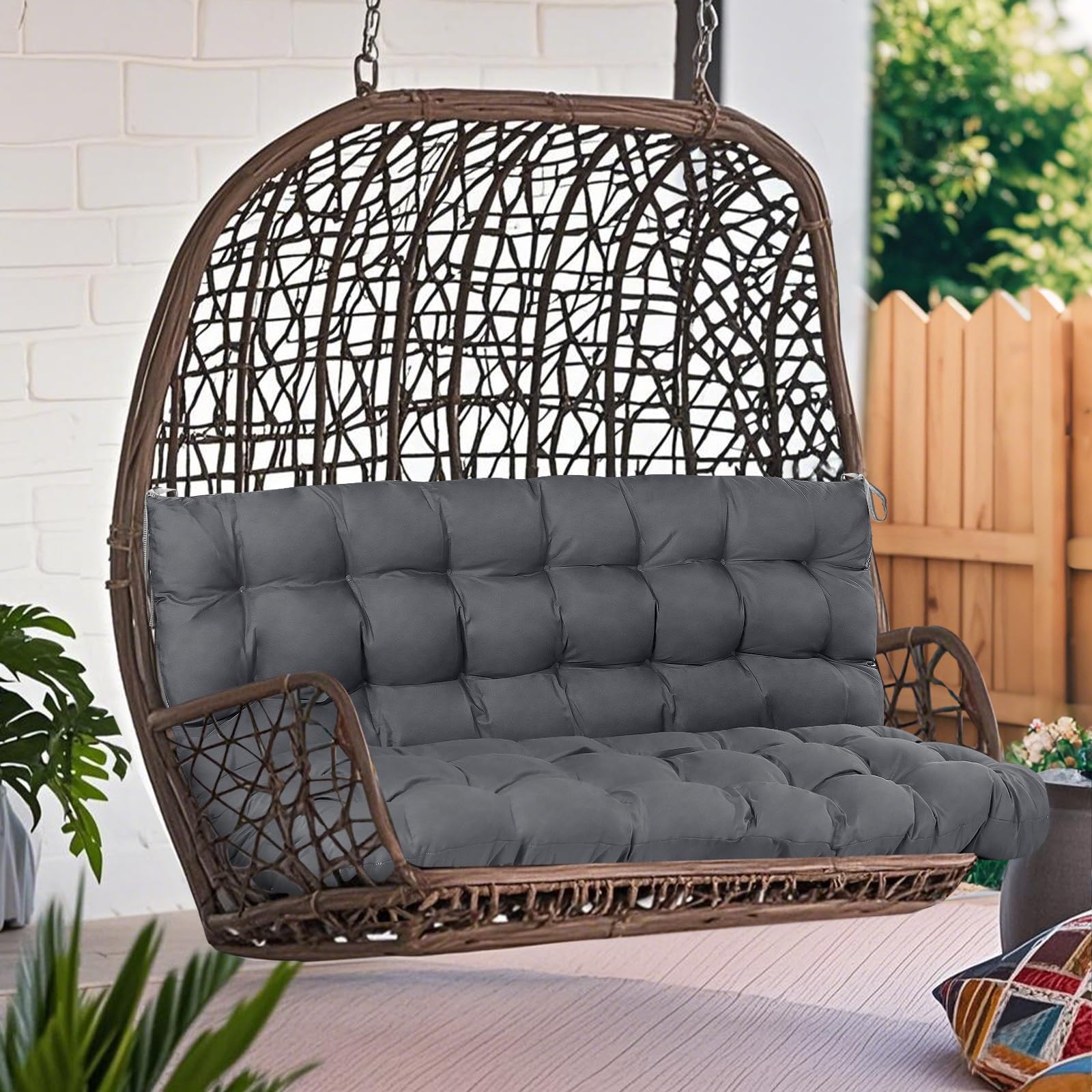 Goutime Cuscino per Panca da Giardino e Sedia a Dondolo 2 Posti, 150x100 cm – Extra Spesso e Morbido, Antiscivolo e Impermeabile, Sedile con Legatura, Schienale Reclinabile (Grigio)