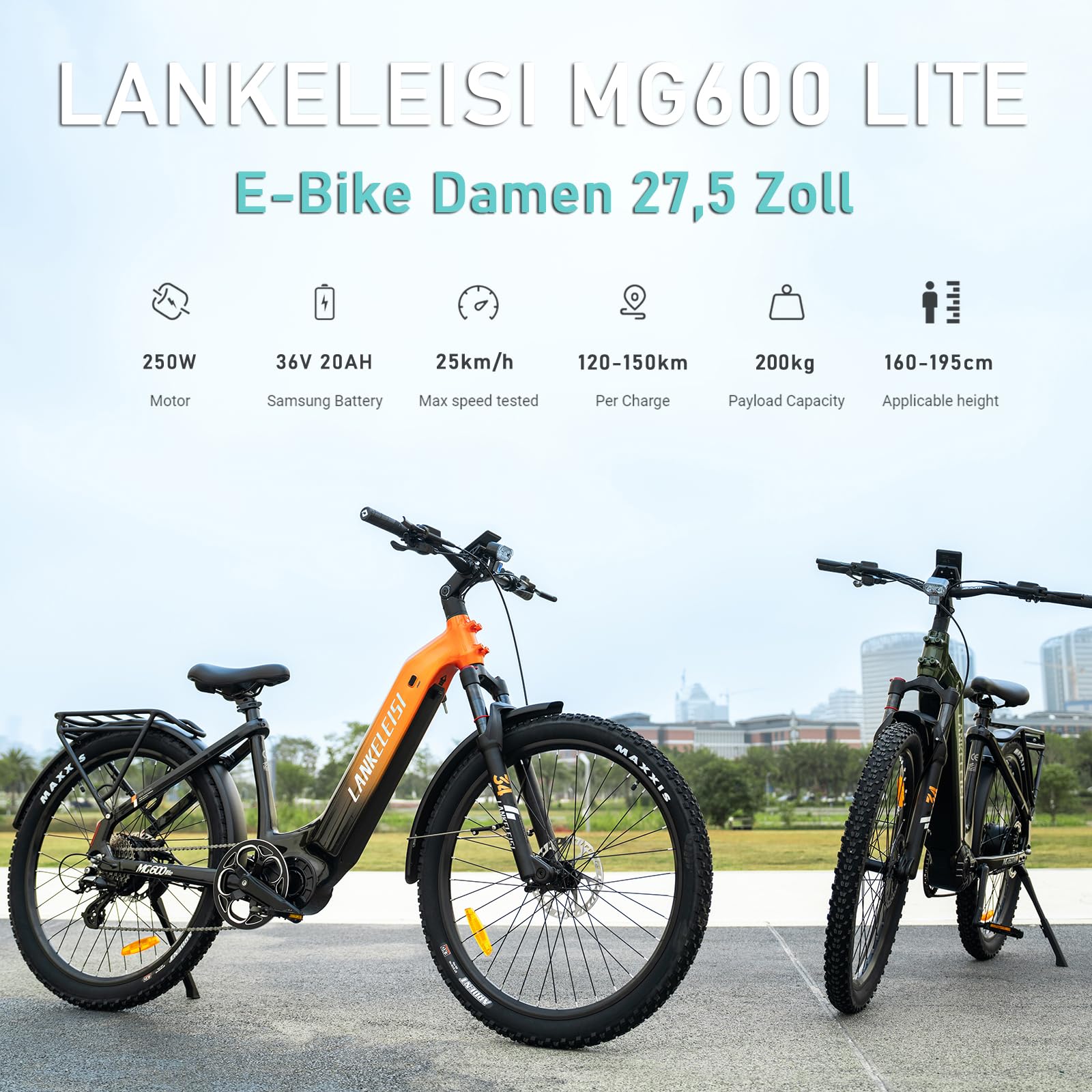 LANKELEISI MG600 Lite E-Bike Damen 27,5 Zoll Tiefeinsteiger Elektrofahrräder mit 36V 20Ah Akku, 150KM Reichweite, 8-Gang E-Fahrrad Herren für Urban, Trail & Straße