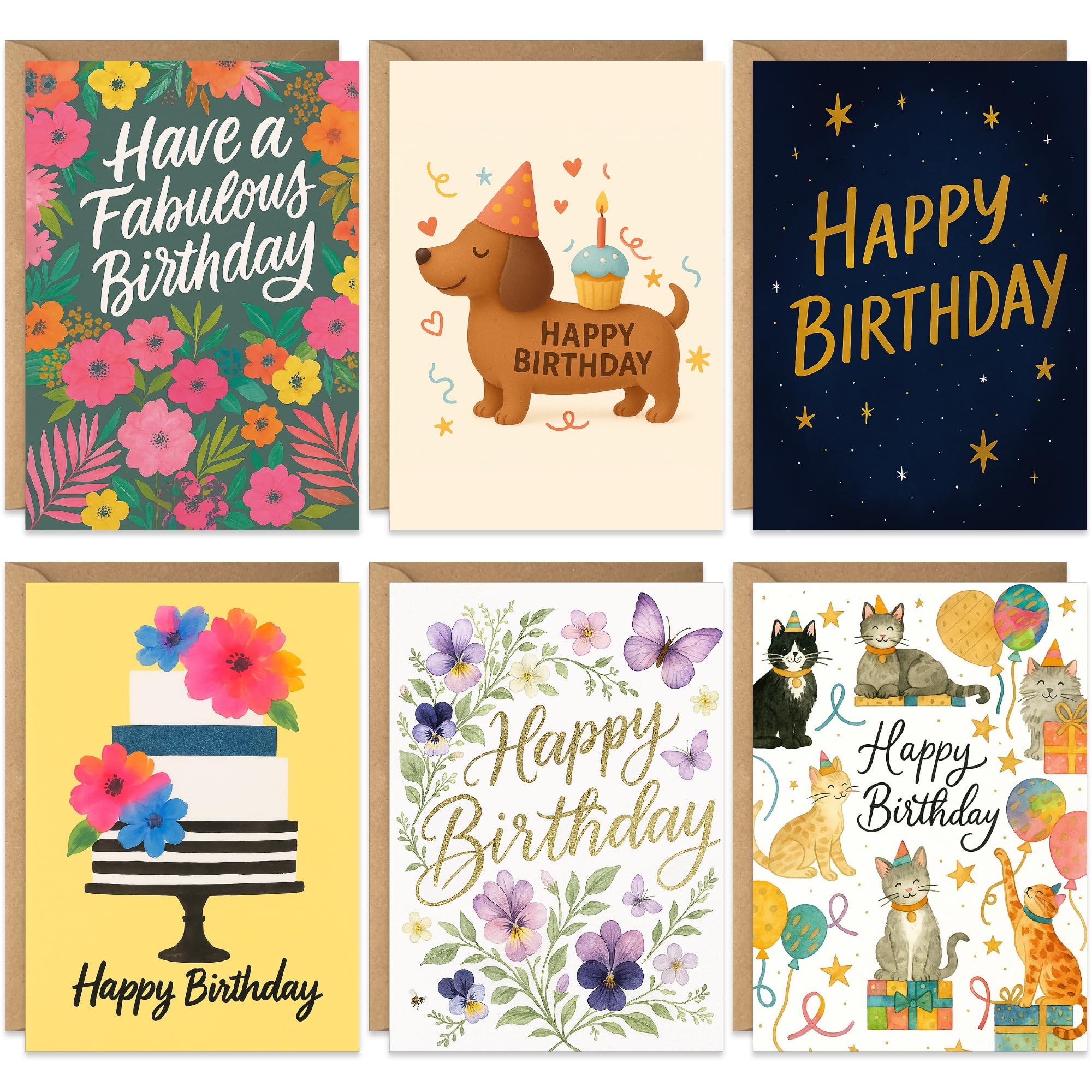 Traditional Happy Birthday Card Pack of 20, Multipack of Twenty for Men Women Adults, Colourful Designs for Family Friends Colleagues, Multi-pack, Blank Inside with Premium Envelopes