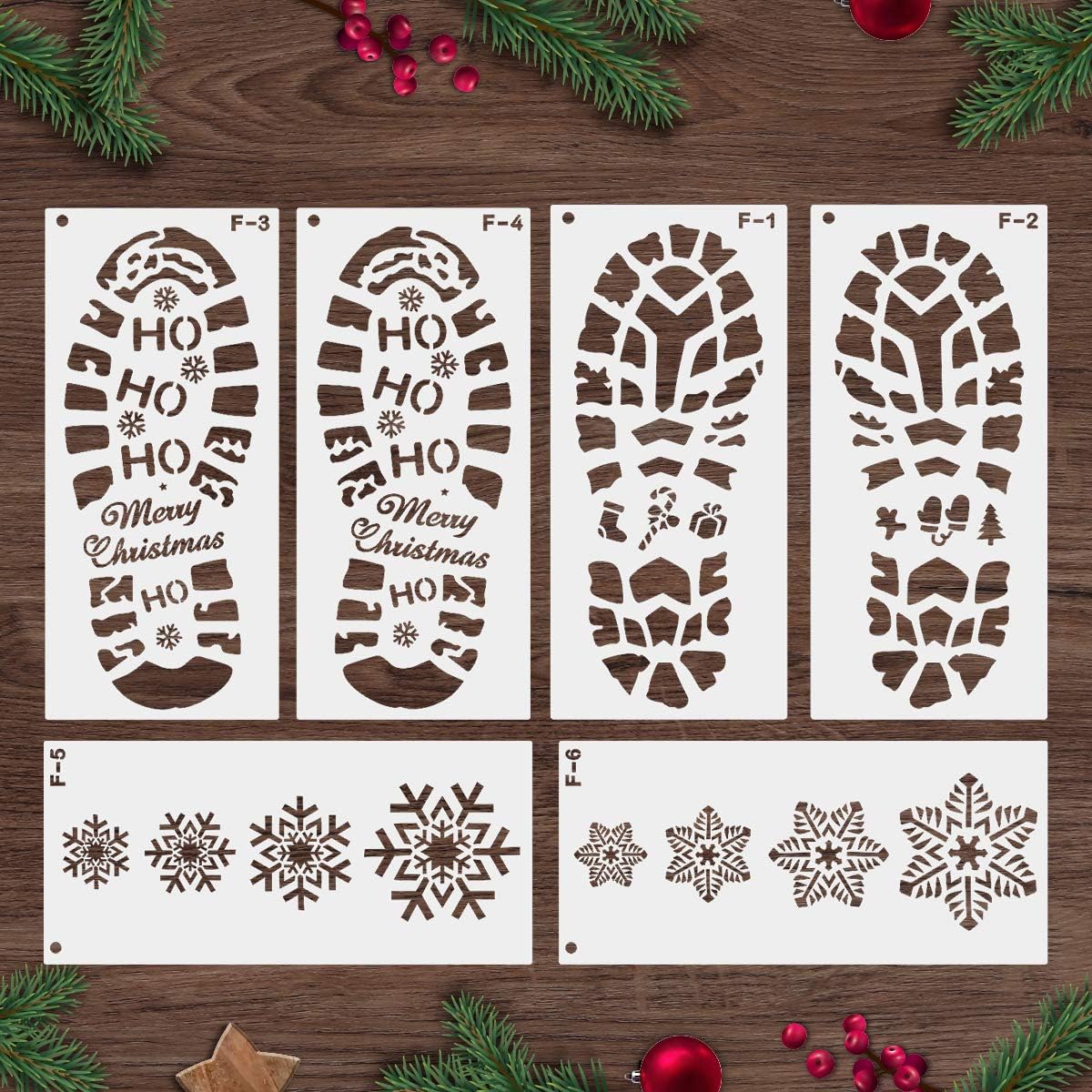 Mocoosy 6 PCS Christmas Stencils for Painting Santa Footprints for Floor, Santa Boot & Snowflake Stencils Template, Reusable Elf Foot Stencil Santa Evidence Kit Holiday Xmas Plastic Craft Decorations