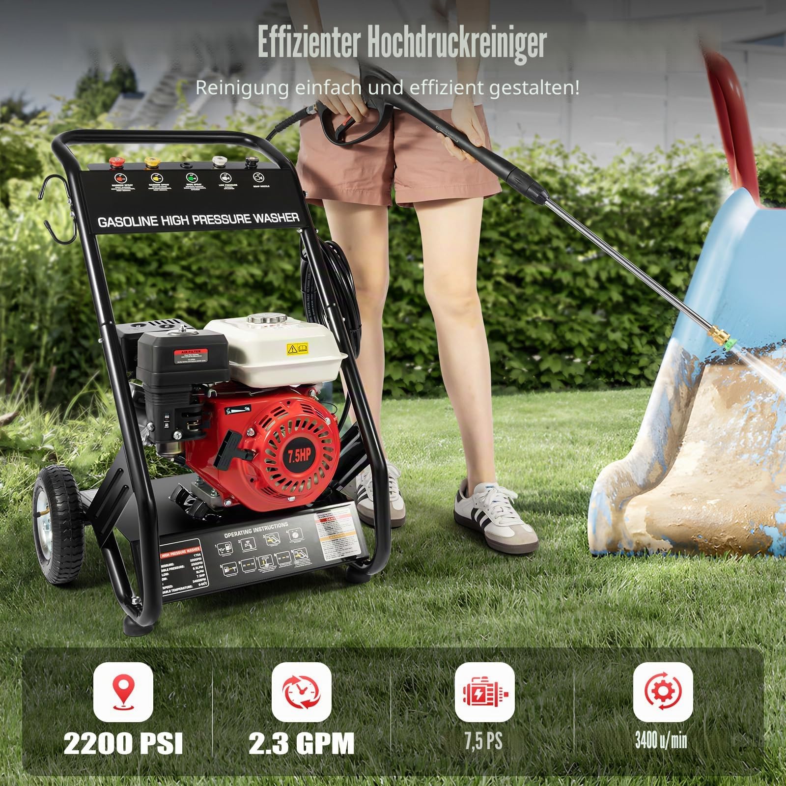 4-Takt Benzin 7,5PS Profi Hochdruckreiniger mit 5 Düsen und Schlauch, 170-190 Bar Benzin Selbstansaugend Reinigungsmaschine Benzinmotor Flächenreiniger für die Reinigung von Böden und Fahrzeugen