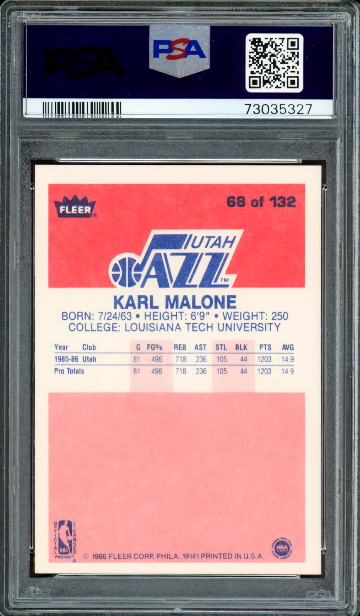Karl Malone Autographed 1986 Fleer Rookie Card #68 PSA 7 Auto