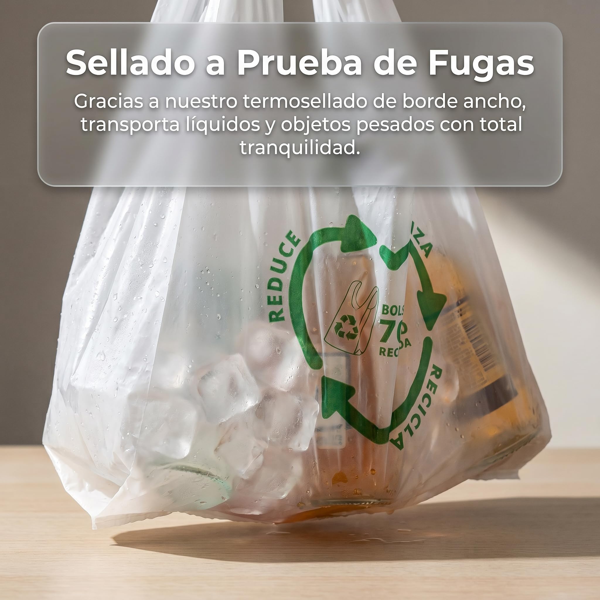 Bolsas de Plástico Asa Camiseta Blanco 50x60 cm 100 Unidades Reutilizables Resistentes 50 Micras 70% Reciclado Aptas Alimentación