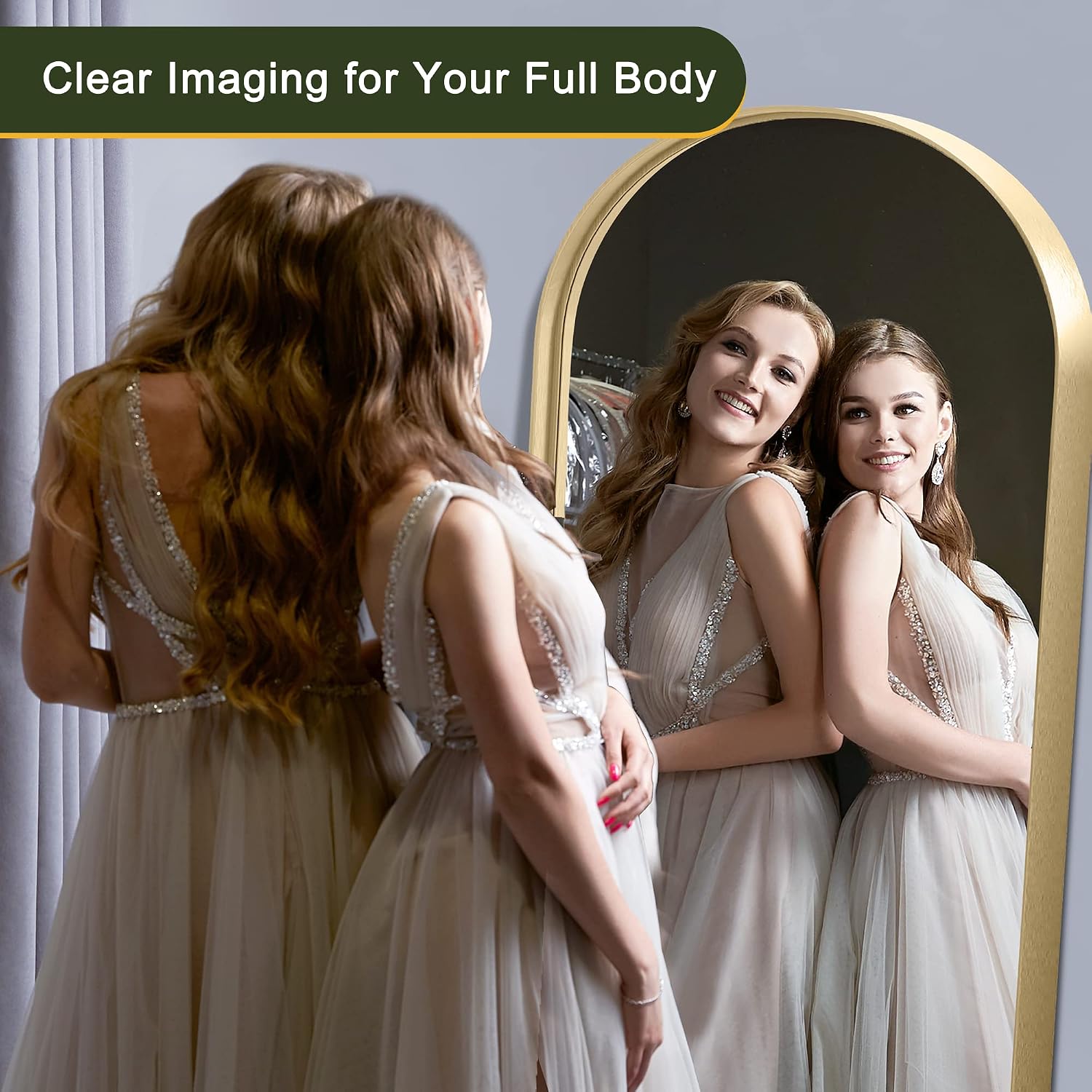 NicBex Arched 64x21 Inch Full Length Mirror, Alloy Frame Wall Mirror for Bedroom, Hallway, Dressing Room and Home Deco, Modern and Farmhouse Room Makeover Mirror, Round Corners, Gold(No Stand)