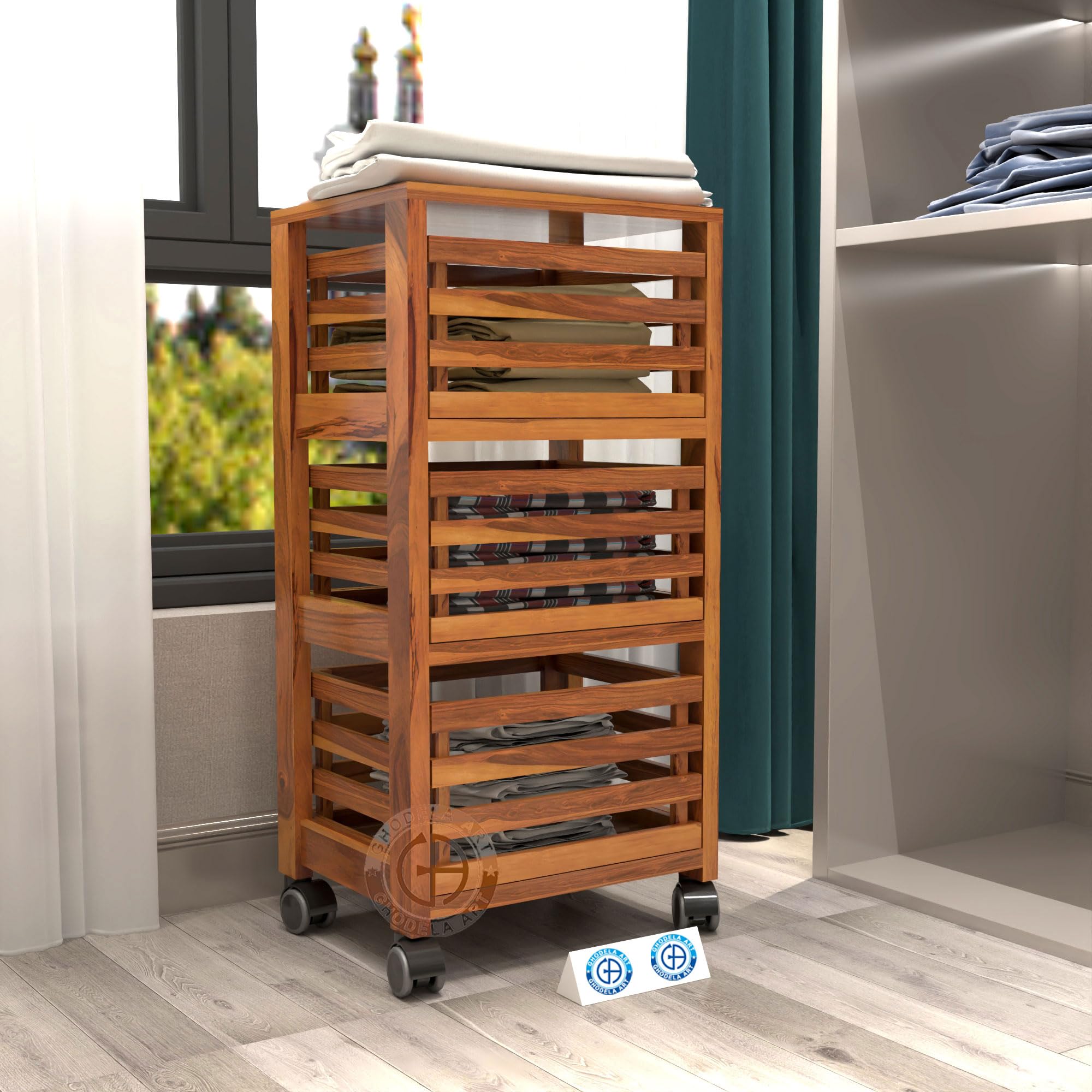 GHODELA ART Sheesham Wood 3 Tier Kitchen Trolley Kitchen Organizer Items for Kitchen Rack Square Design for Fruits & Vegetable Storage Kitchen Trolley with Wheels (Natural Finish)-image-10