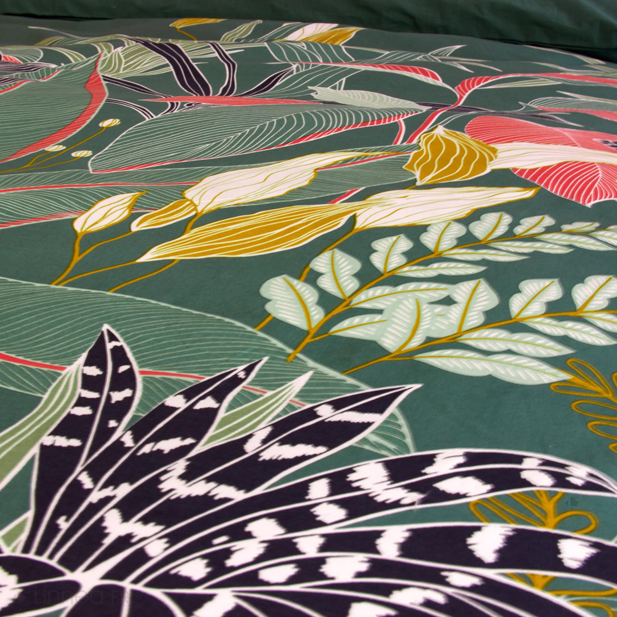 Parure de lit 260x240cm en Coton GIGAJUNG Vert Motif Tropical 3 pièces