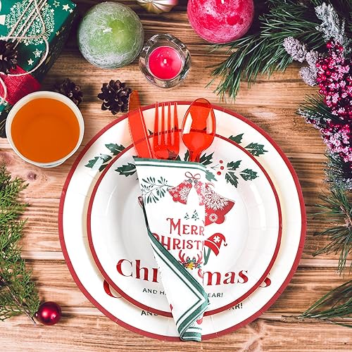 Miniatura 3 de Umigy Juego de 400 platos y servilletas de papel para fiesta de Navidad para 50 invitados, vajilla de Navidad, platos desechables, vasos,