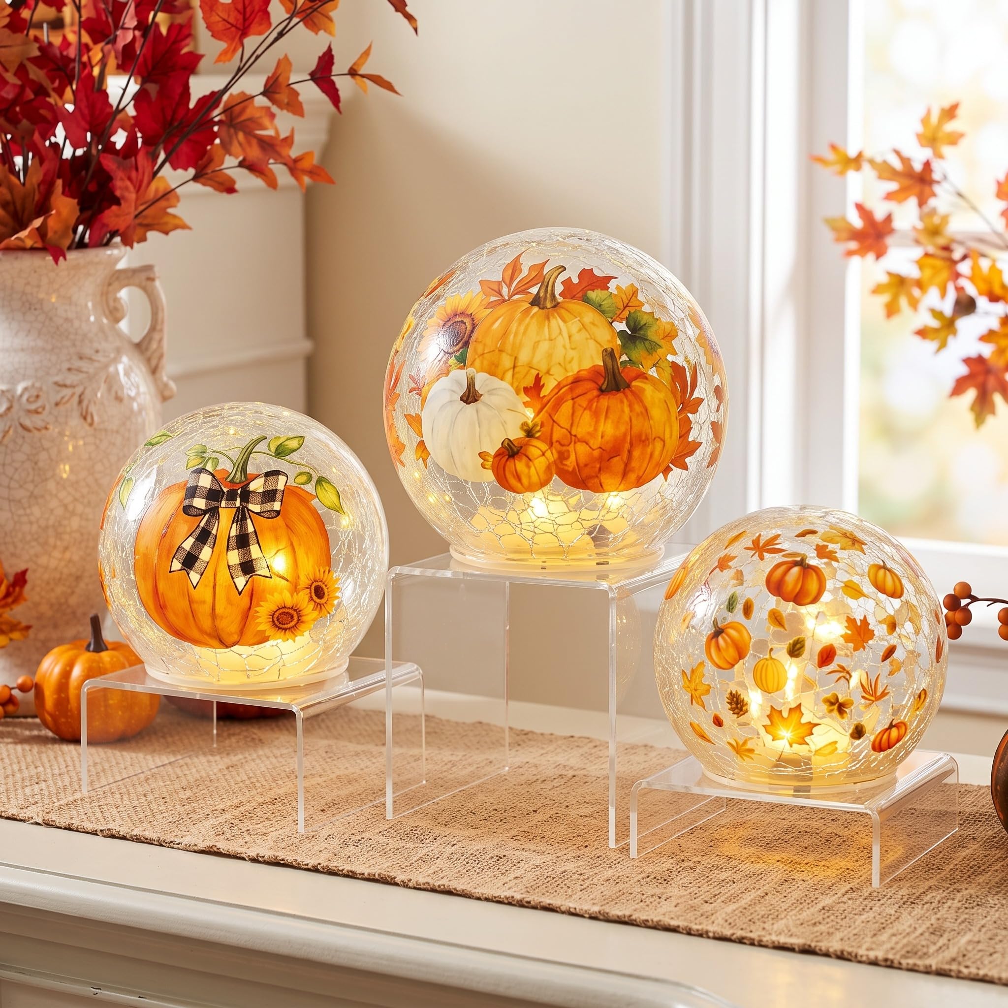 Glooglitter Fall Table Decor Set of 3 Crackle Glass Ball Lights