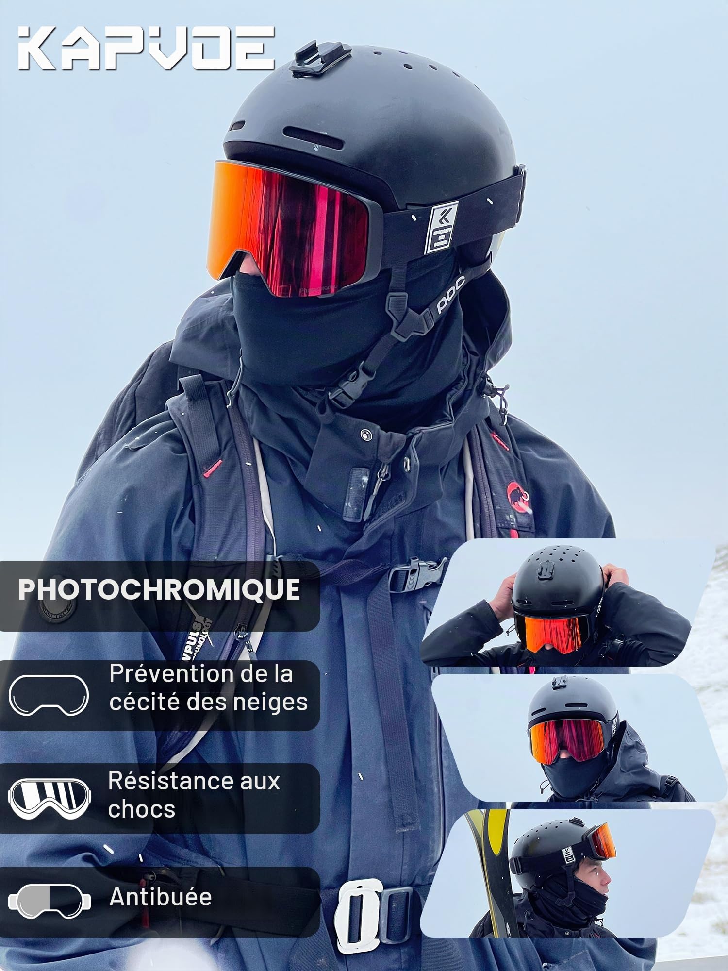 KAPVOE Masque de Ski avec Lentilles Photochromiques & Colorées - Lentille Magnétique à Basculement Anti-Buée UV400 OTG - Compatible avec Casque Hommes Femmes K724