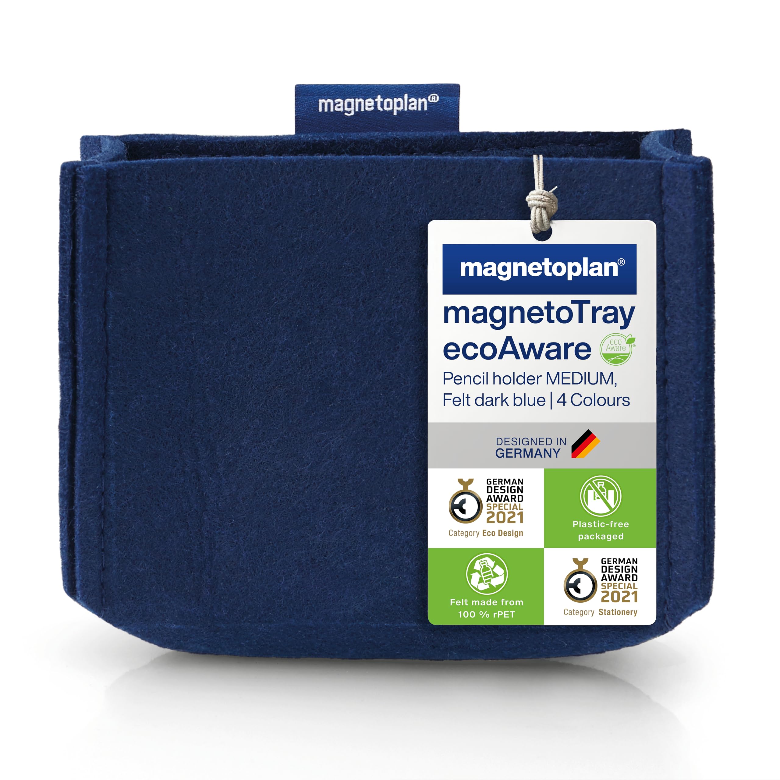 magnetoplan magnetoTray ecoAware, Blue Magnetic Desk Organiser Made of 100% PET Felt, W x H x D 130 x 100 x 60 mm, Pen Holder for Office Supplies, Blue Pen Box, Recycled PET Bottles