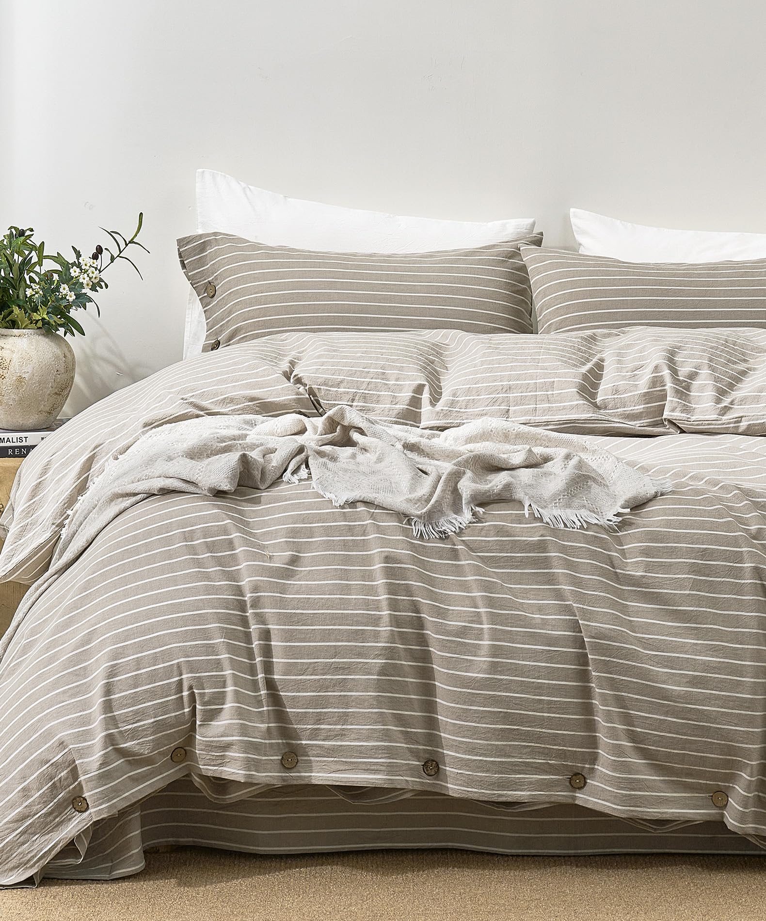 JELLYMONI 100% Washed Cotton Beige Striped Duvet Cover Set King