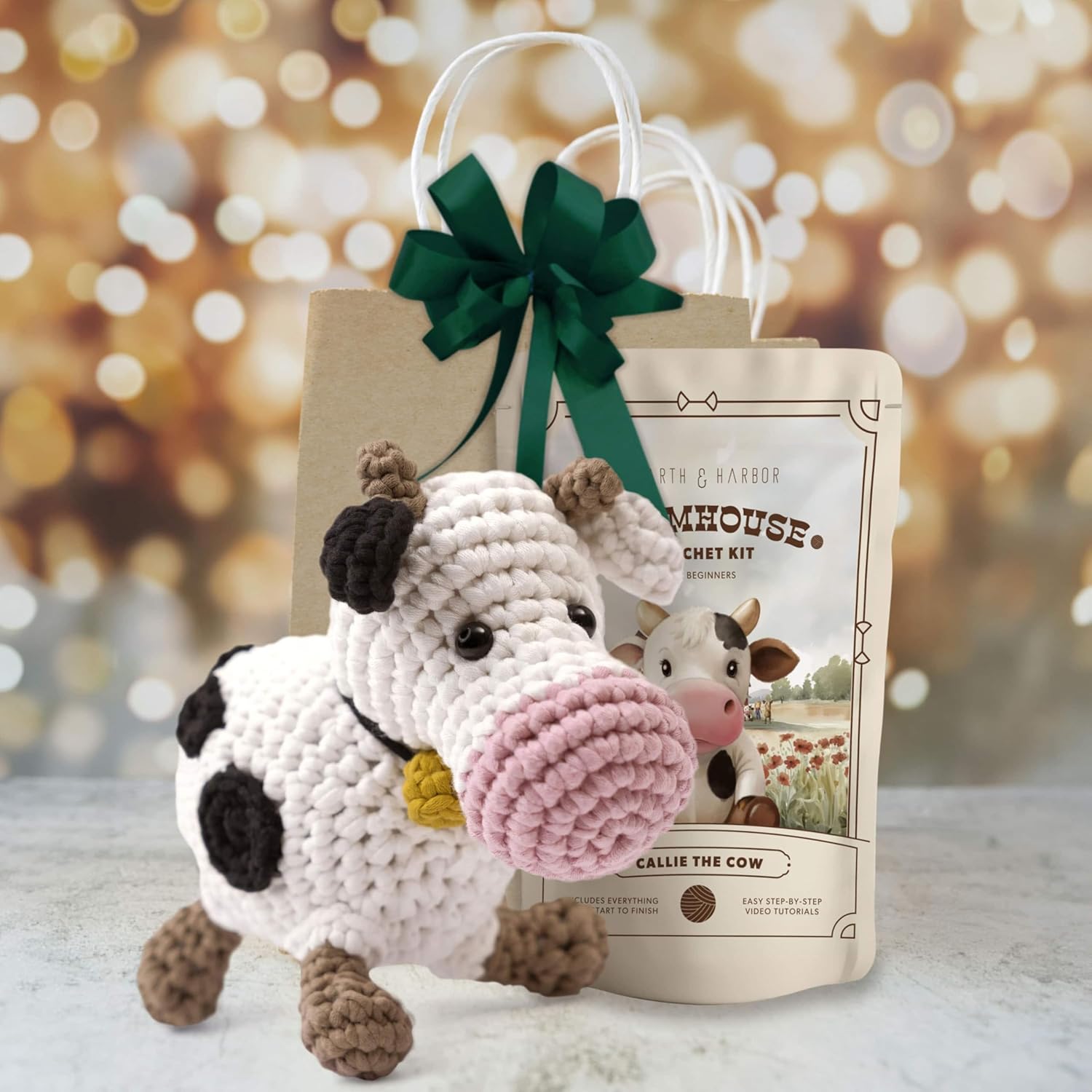 Amigurumi Crochet Kit for Beginners Adults and Kids, Learn to Crochet Kits for Adults Beginner with Easy Yarn, Stuffed Crochet Animal Kit with Step-by-Step Video Tutorials - Callie the Cow
