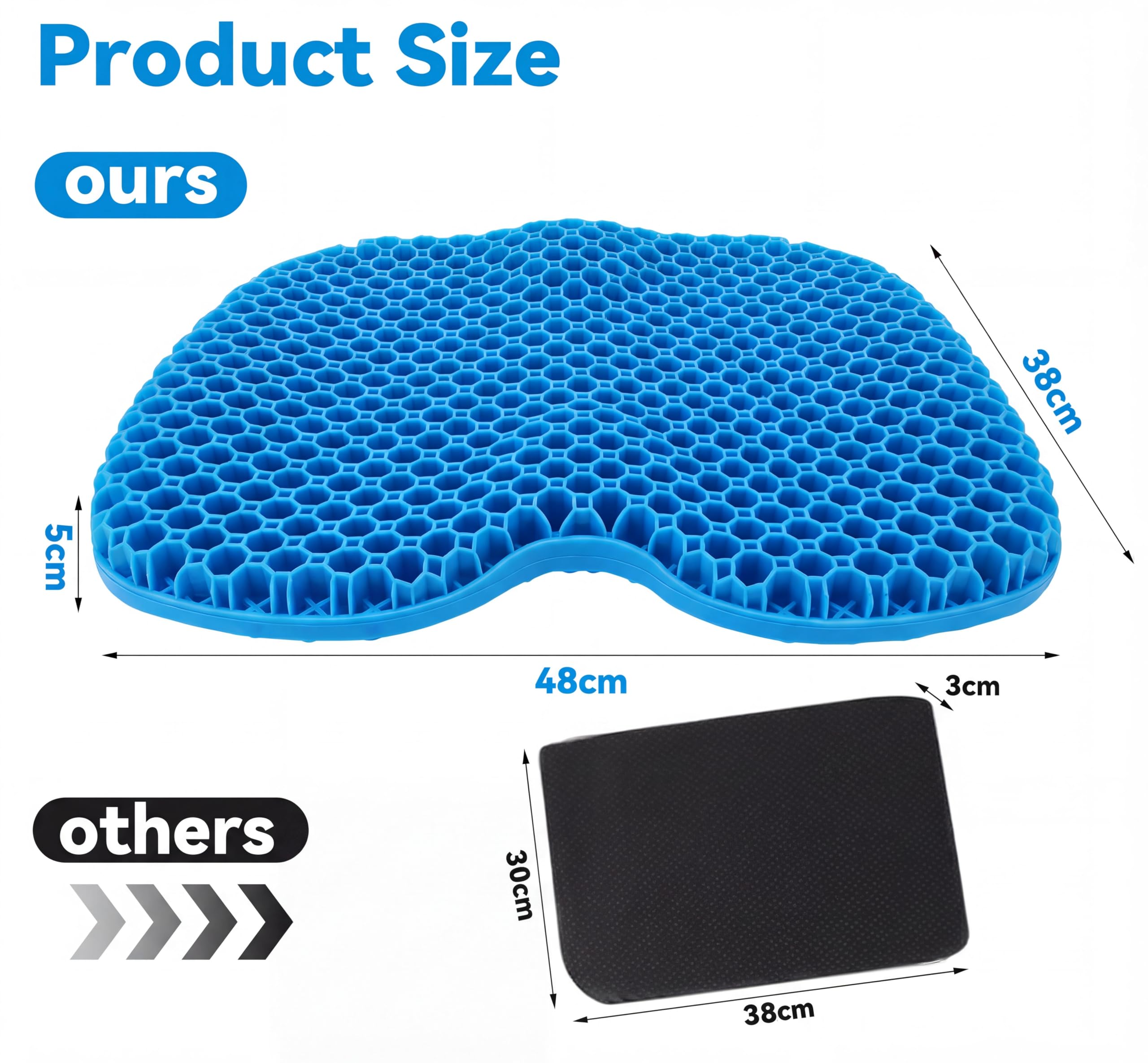 Coussin d'assise Extra Large en Gel - 48 x 38 x 5 cm - Structure en nid d'abeille pour Un Soutien Solide et Un Confort dans Les Fesses - Idéal comme Coussin de siège de Voiture Bleu