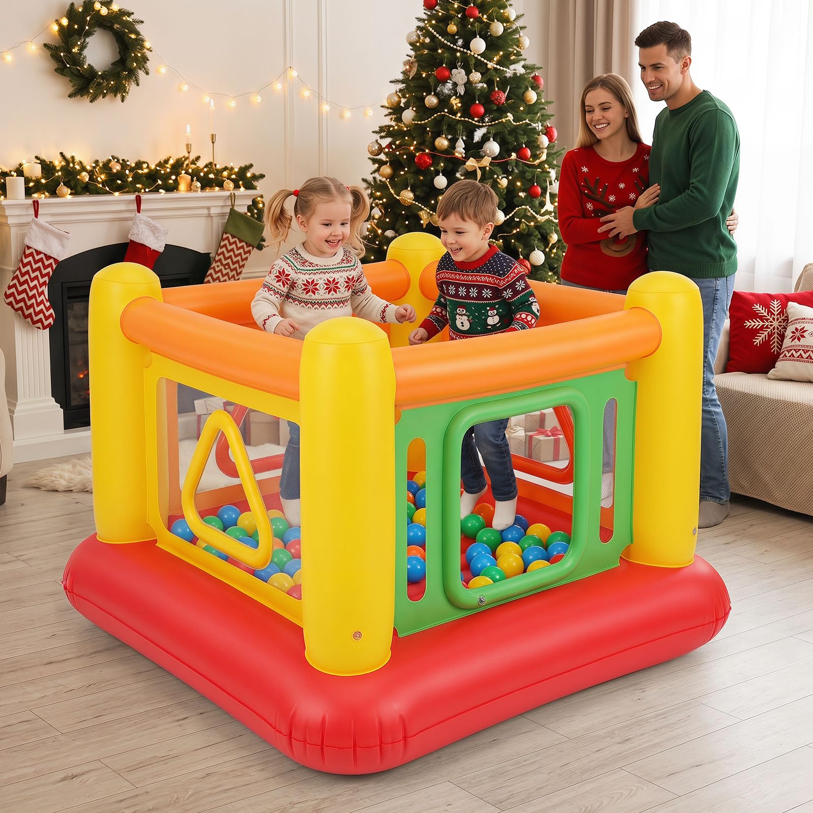 COSTWAY Hüpfburg, Bouncy Castle mit 4 Türen für Kinder, 160 x 160 x 125 cm (Rot + Gelb)