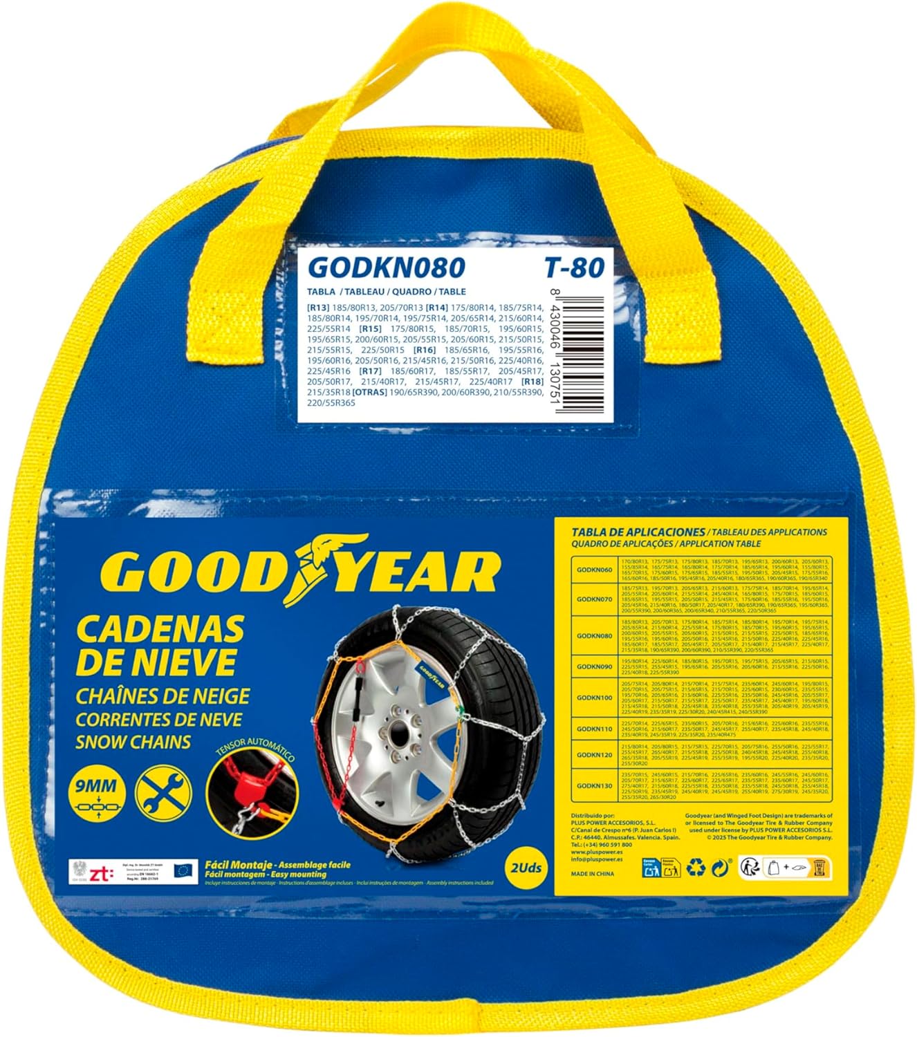 Goodyear GODKN080 Metal Snow Chains. 9mm, Set of 2. Size T80, Talla 80