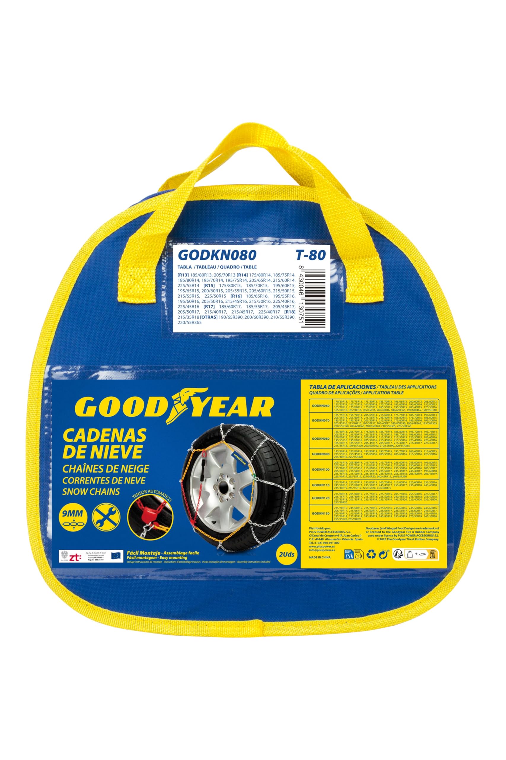 Goodyear Juego de 2 Cadenas de Nieve Metálicas para Coche de 9 mm Talla 80 con Tensor Automático Goodyear