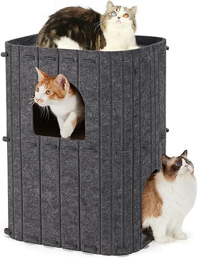 FUKUMARU Cat House for Indoor Cats, 2-Storey Large kitty Bed, Cozy Felt Covered kitty Bed Cave, Roomy kitten Condos for Multi-Cats, Enclosed kitten Hideaway, 45 x 36 x 60cm, Dark Grey