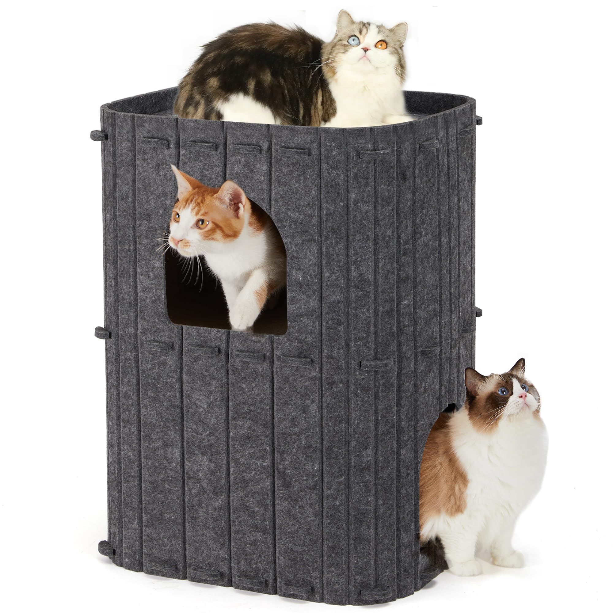 FUKUMARU Cat House for Indoor Cats, 2-Storey Large Cat Bed Cave, Cozy Felt Covered Cats Tunnel Condo Hideaway for Multicats, 17.72x14.37x23.62 inches, Dark Grey