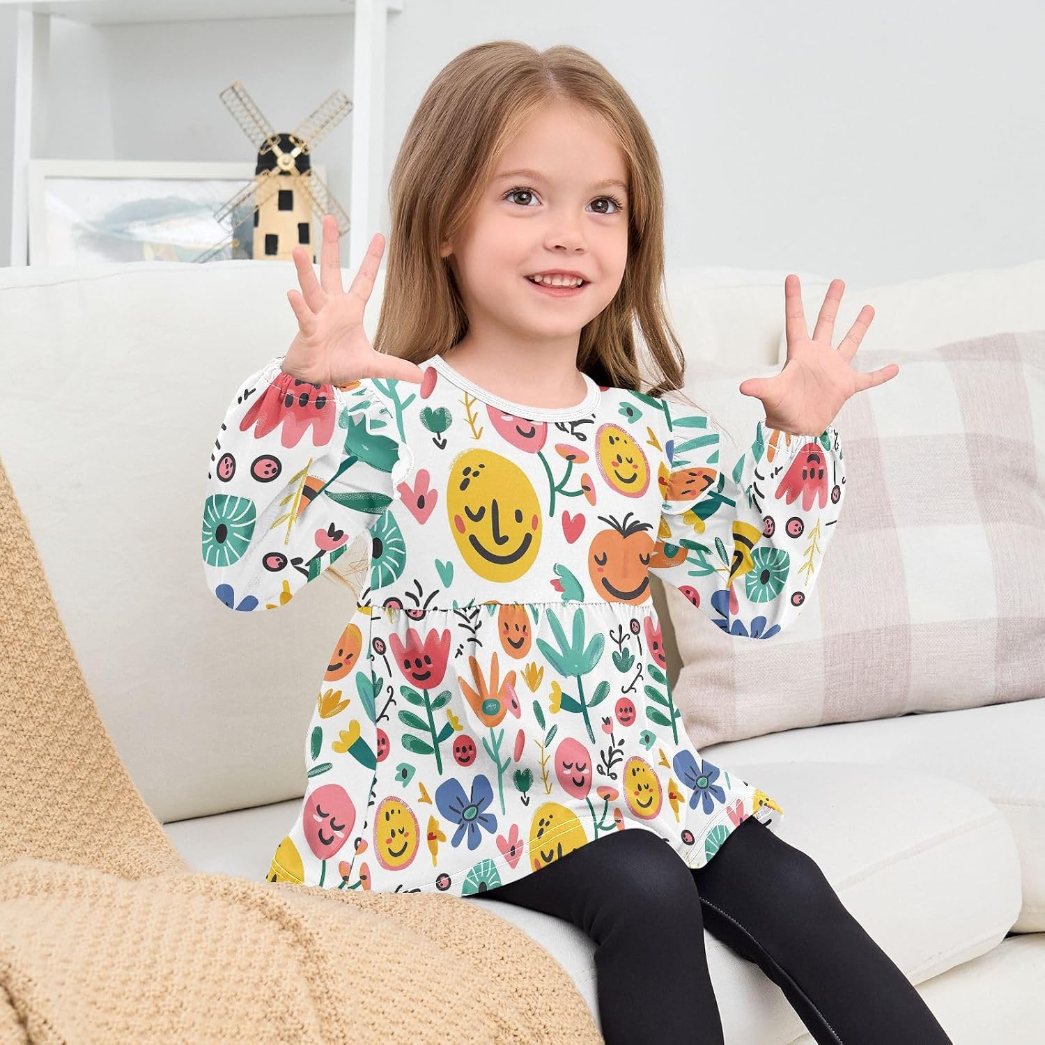 visesunny Toddler Clothes for Girls Abstract Flower Sticker Long Sleeve Fall Shirts Cotton Top with Ruffle Collar