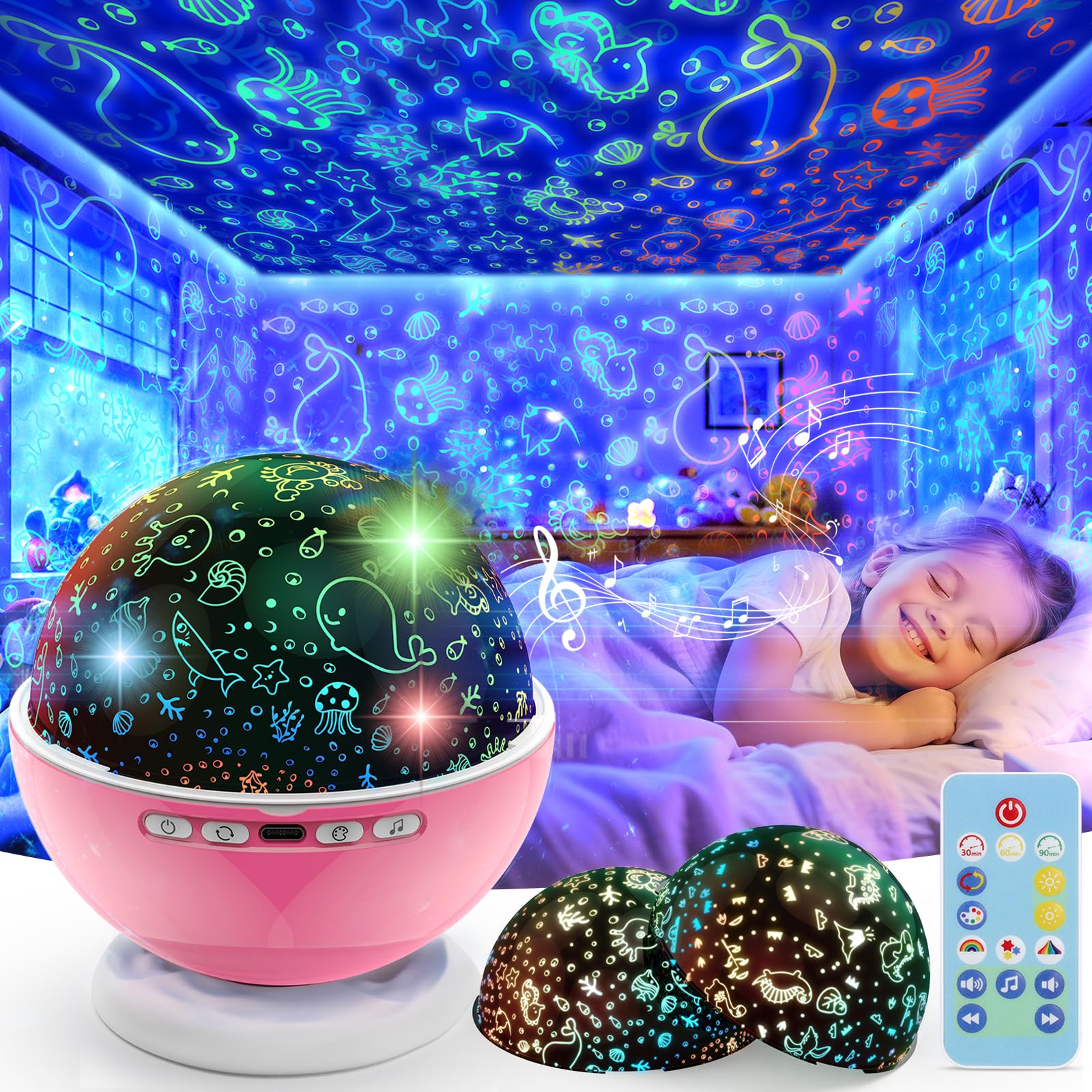 Luz nocturna de estrella para niños, proyector de estrellas de nebulosa, rotación de 360 grados, 4 bombillas LED, 18 luces que cambian de color con cable USB, regalos románticos para