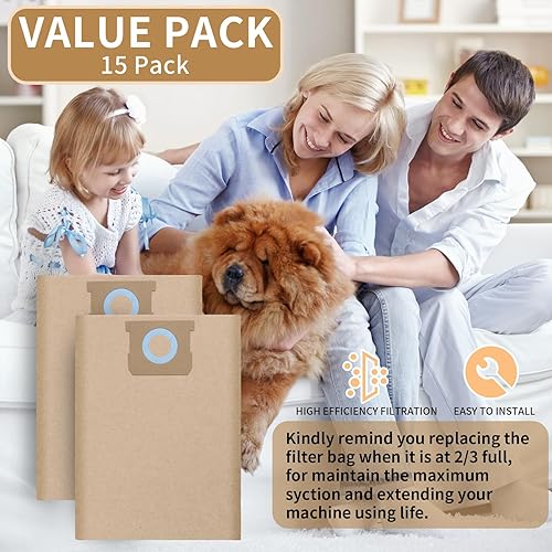 Miniatura 8 de Paquete de 15 bolsas de vacío para aspiradora DEWALT de 6 a 10 galones DXVA19-4101, bolsas de filtro de repuesto LUNARUBBY para aspiradoras húmedas